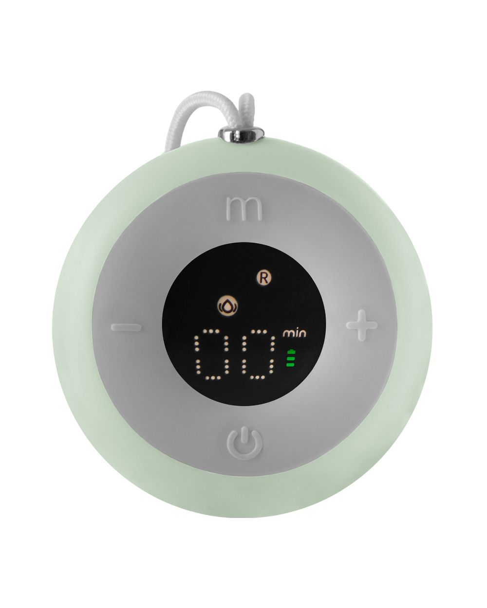 Runder, mintgrüner Timer mit digitaler Anzeige, Plus-Minus-Tasten und einer weißen Kordel oben.