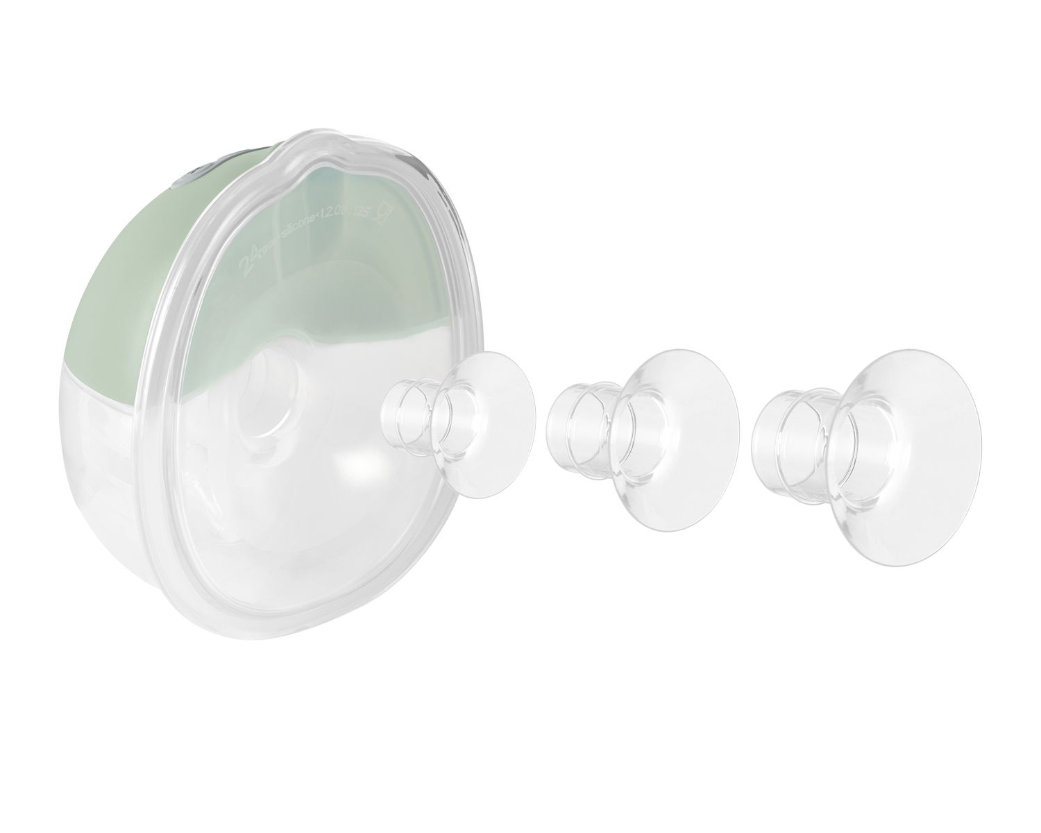 Eine grüne und transparente Milchpumpe mit drei austauschbaren Aufsätzen auf weißem Hintergrund.