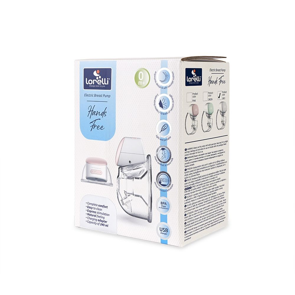 Produktverpackung einer freihändigen elektrischen Milchpumpe von Lorelli mit Produktfotos und beschreibendem Text.