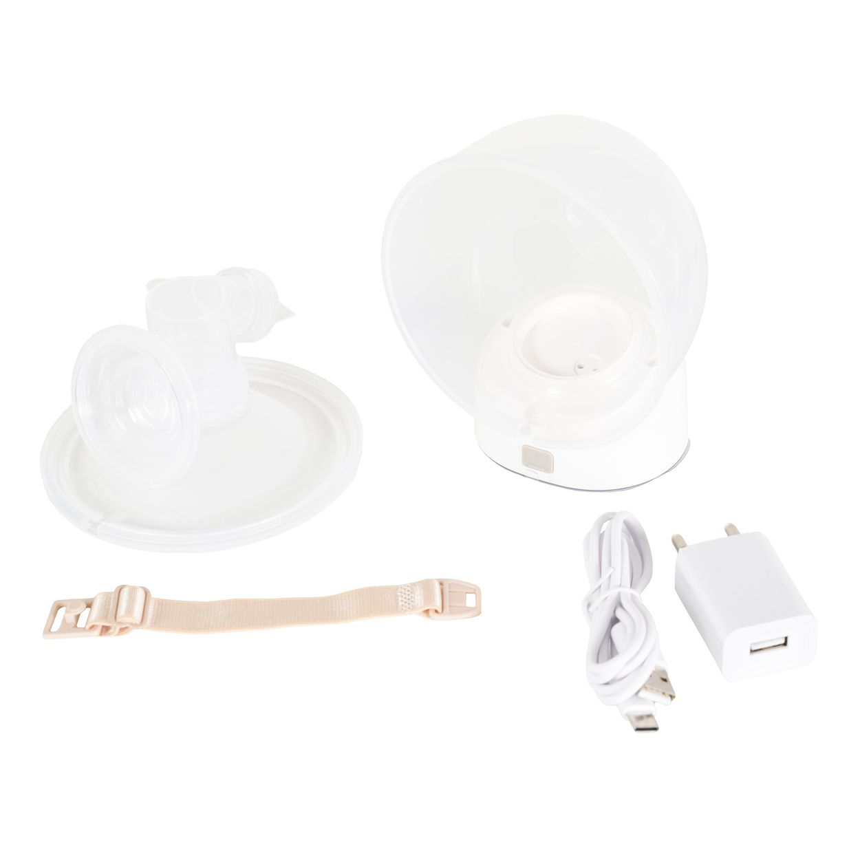 Eine tragbare weiße Milchpumpe mit Zubehör, Ladekabel und Adapter auf weißem Grund.