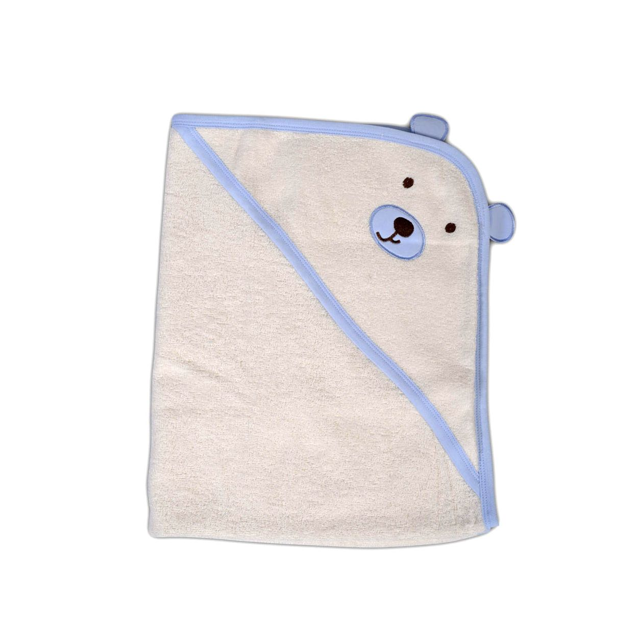 Beige Babykapuzenhandtuch mit hellblauer Einfassung und niedlichem Bärengesicht auf der Kapuze.