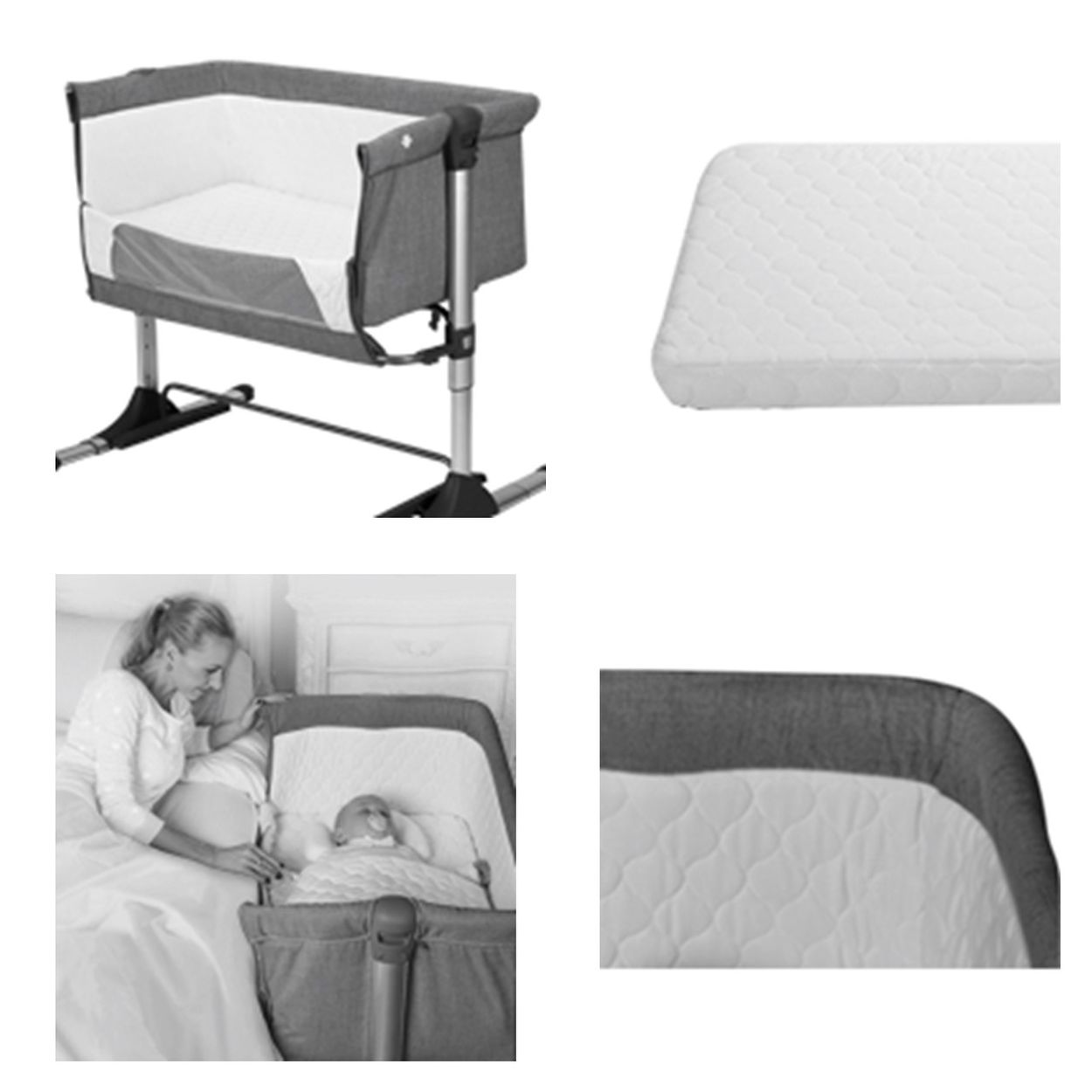 Grau-weisses Beistellbett mit verstellbaren Beinen, Matratze und Mutter mit Baby.