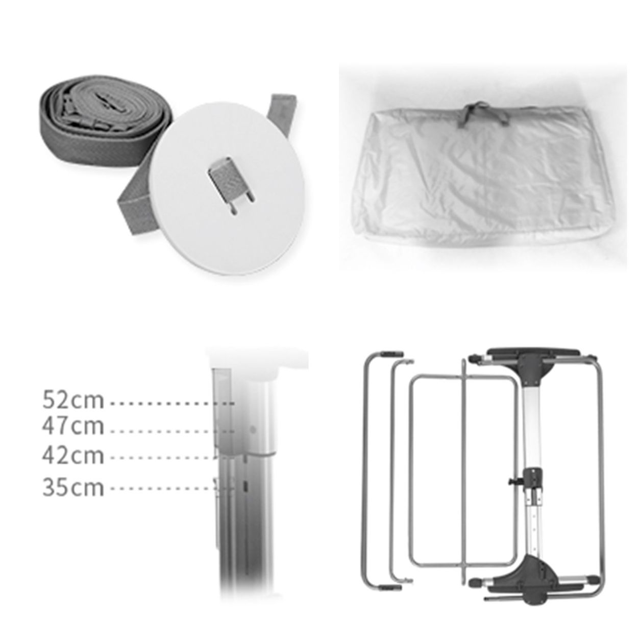 Vier Bilder zeigen einen Gurt, eine Tasche, Höhenmaße von 35 bis 52 cm und zerlegte Metallrahmen.