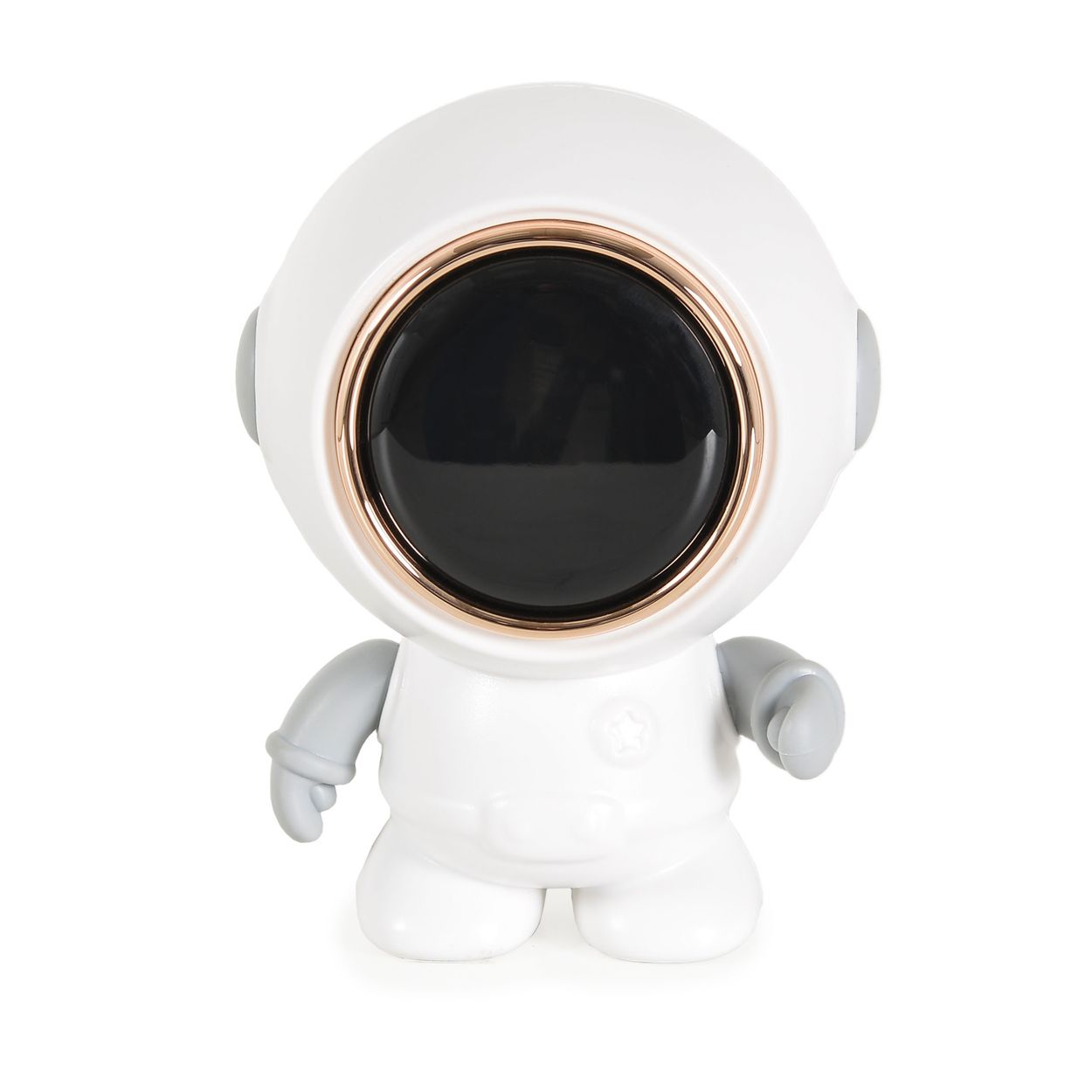 Eine kleine weiße Astronautenfigur mit großem runden Helm und grauen Armen auf weißem Hintergrund.