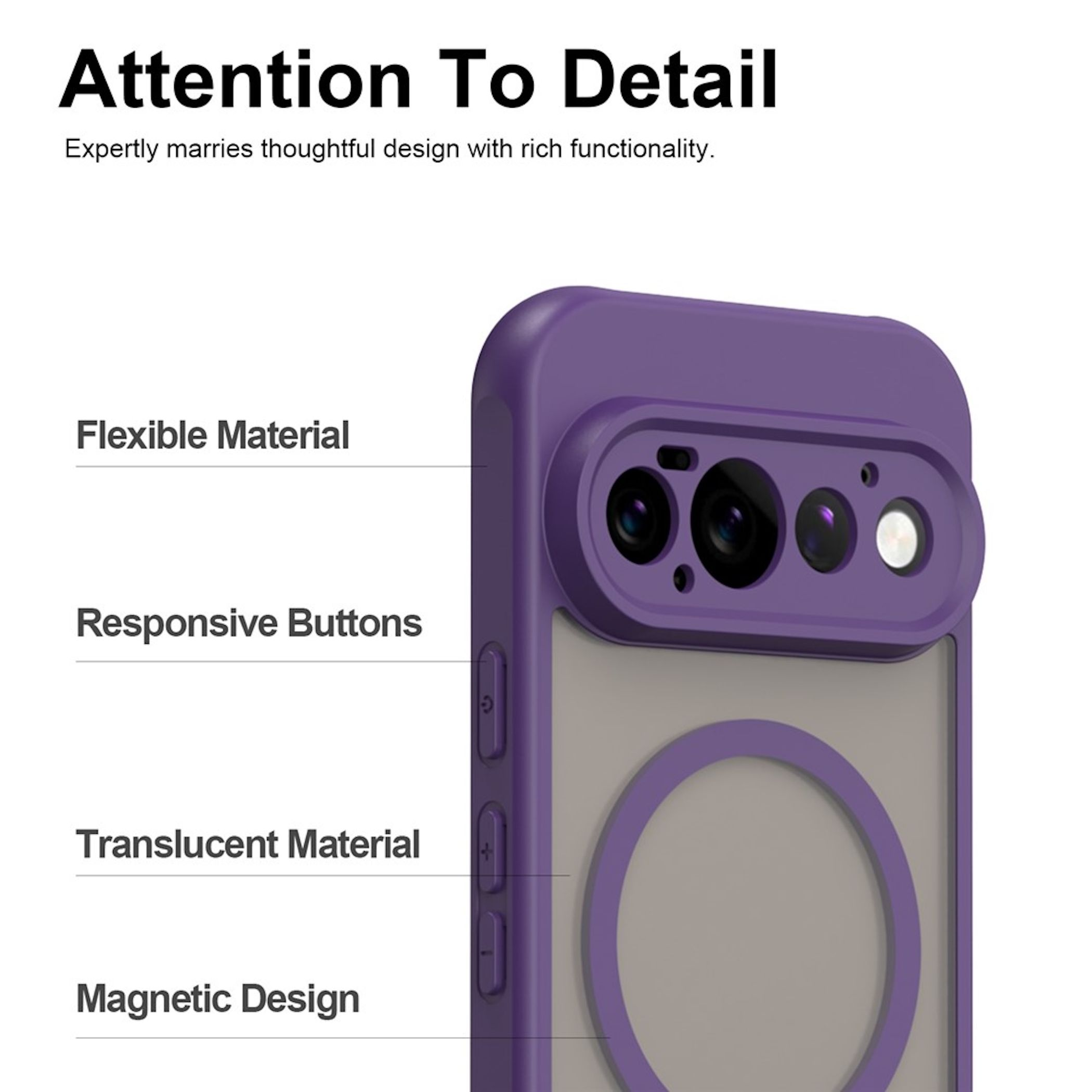 Lila Handyhülle mit flexuellem Material, reaktiven Knöpfen, transparentem Rücken und MagSafe-Ring.