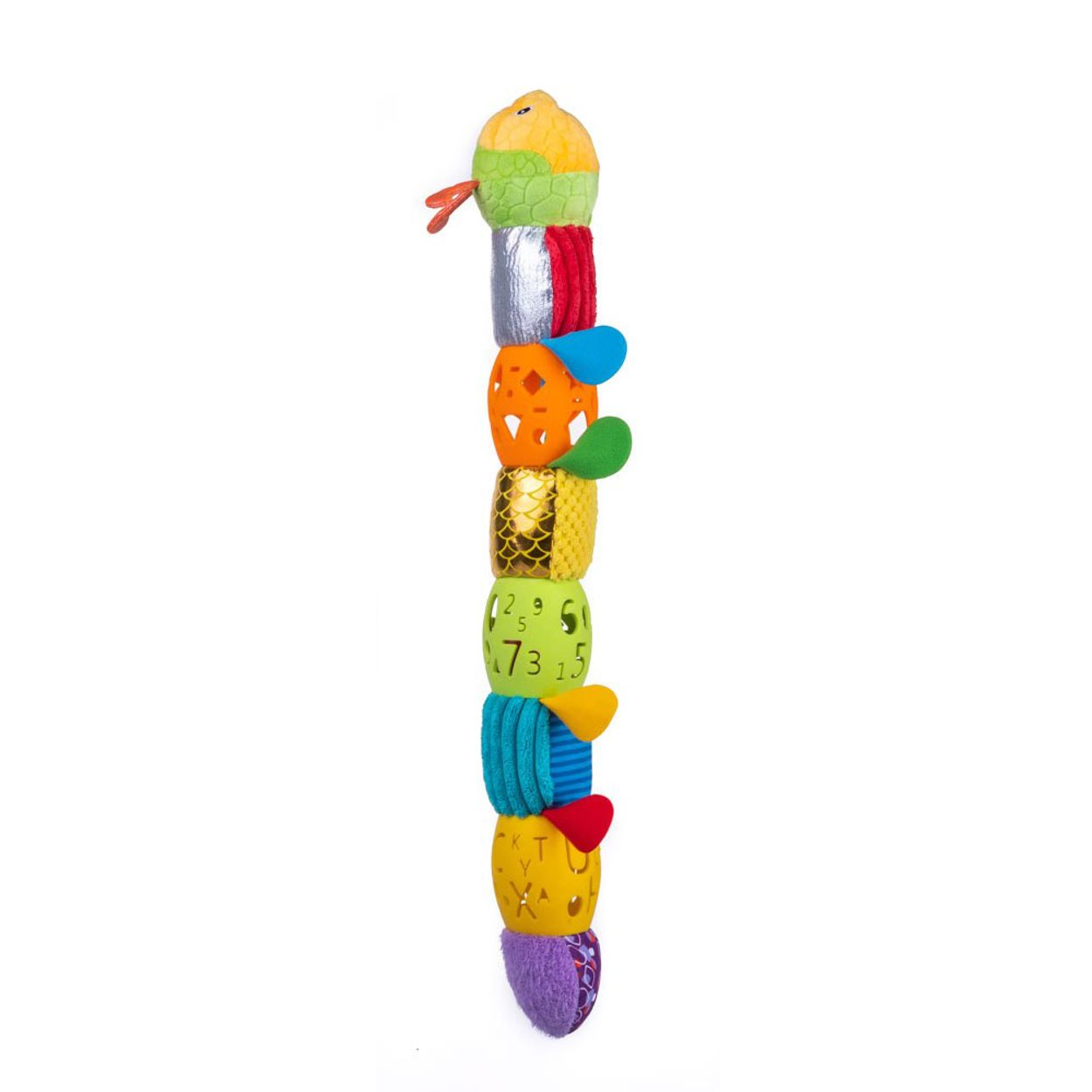 Buntes Plüsch-Raupenspielzeug mit verschiedenen Texturen und Mustern auf weißem Hintergrund.