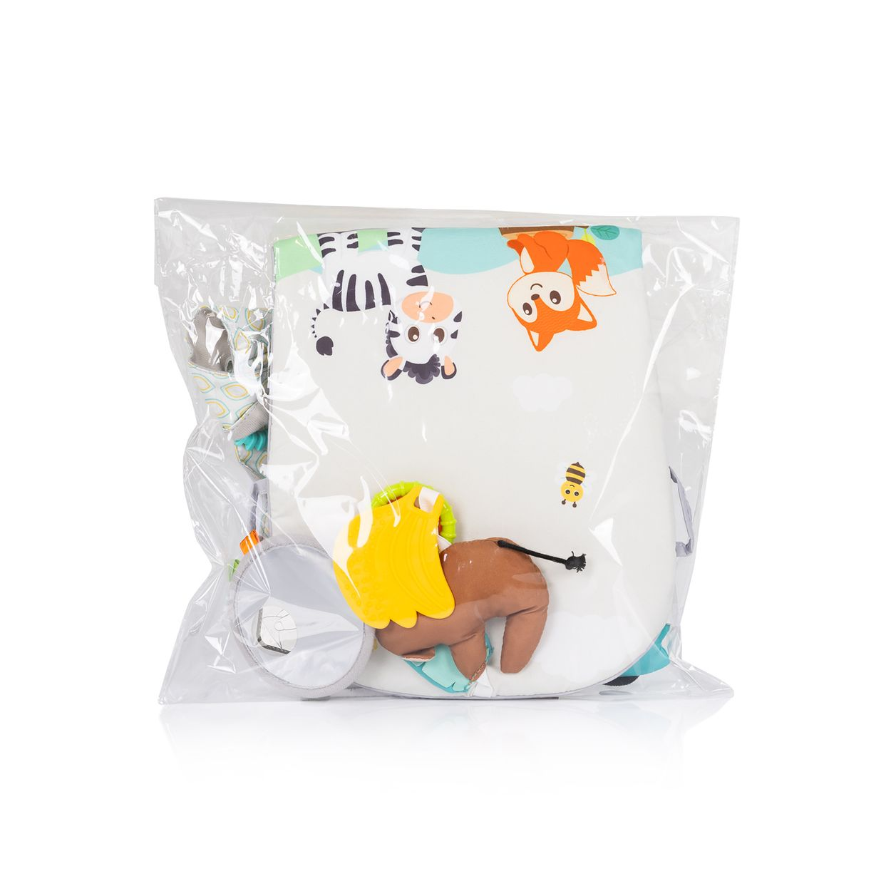 Kinderspielzeug mit Tiermotiven in einer durchsichtigen Plastiktüte verpackt.