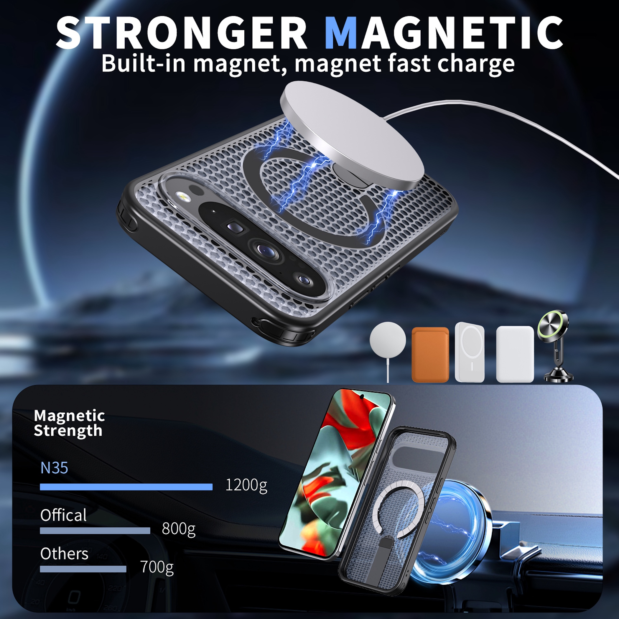 Magnetische Handyhülle mit kabelloser Ladestation und Autohalterung.
