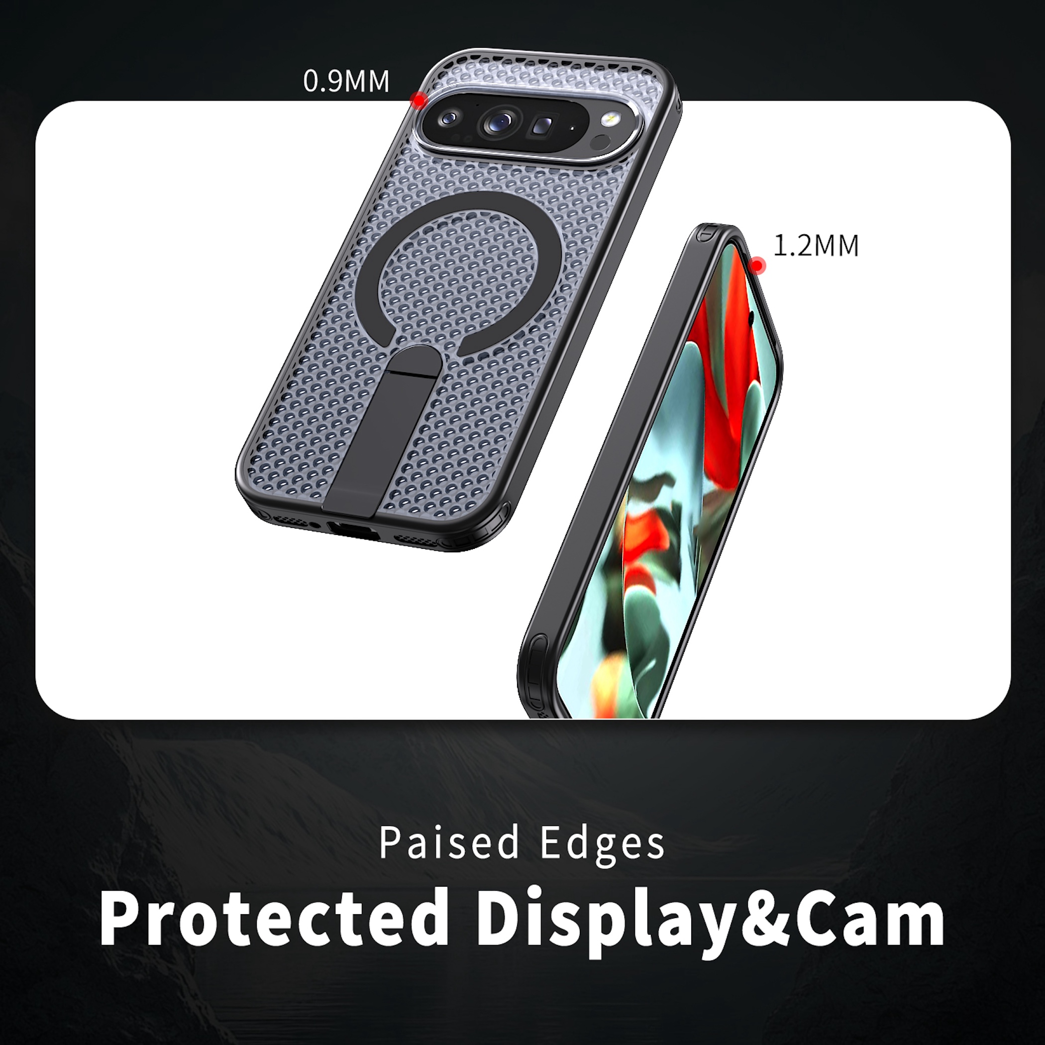 Smartphone-Hülle mit erhabenen Kanten zum Schutz von Display und Kamera.