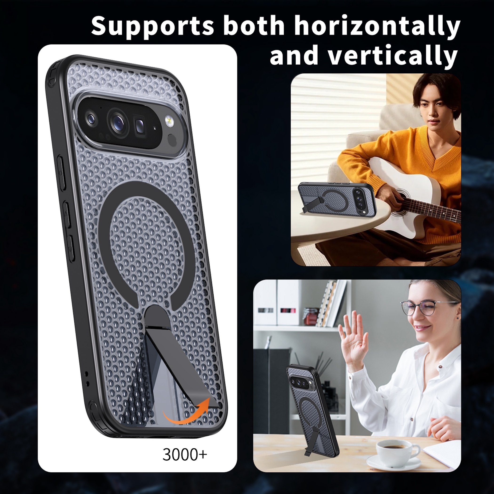 Handyhülle mit integriertem Ständer für vertikale und horizontale Nutzung.