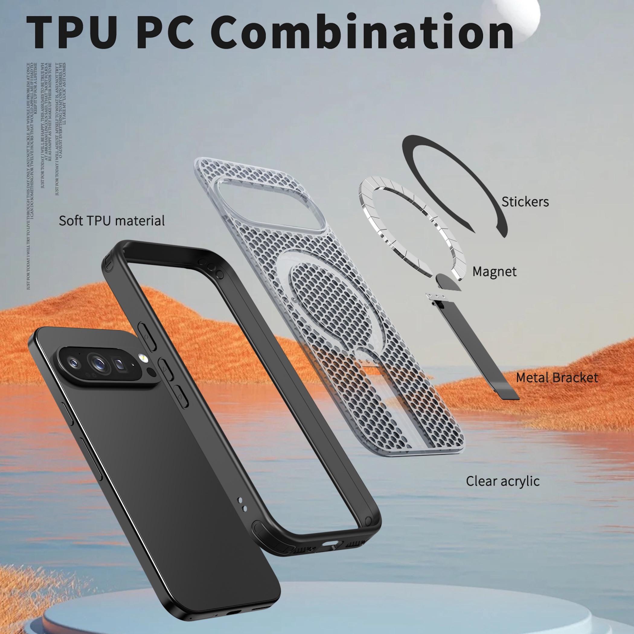 Explosionszeichnung einer Smartphone-Hülle mit TPU-, Acryl-, Magnet-, Sticker- und Metallhalterungsteilen.