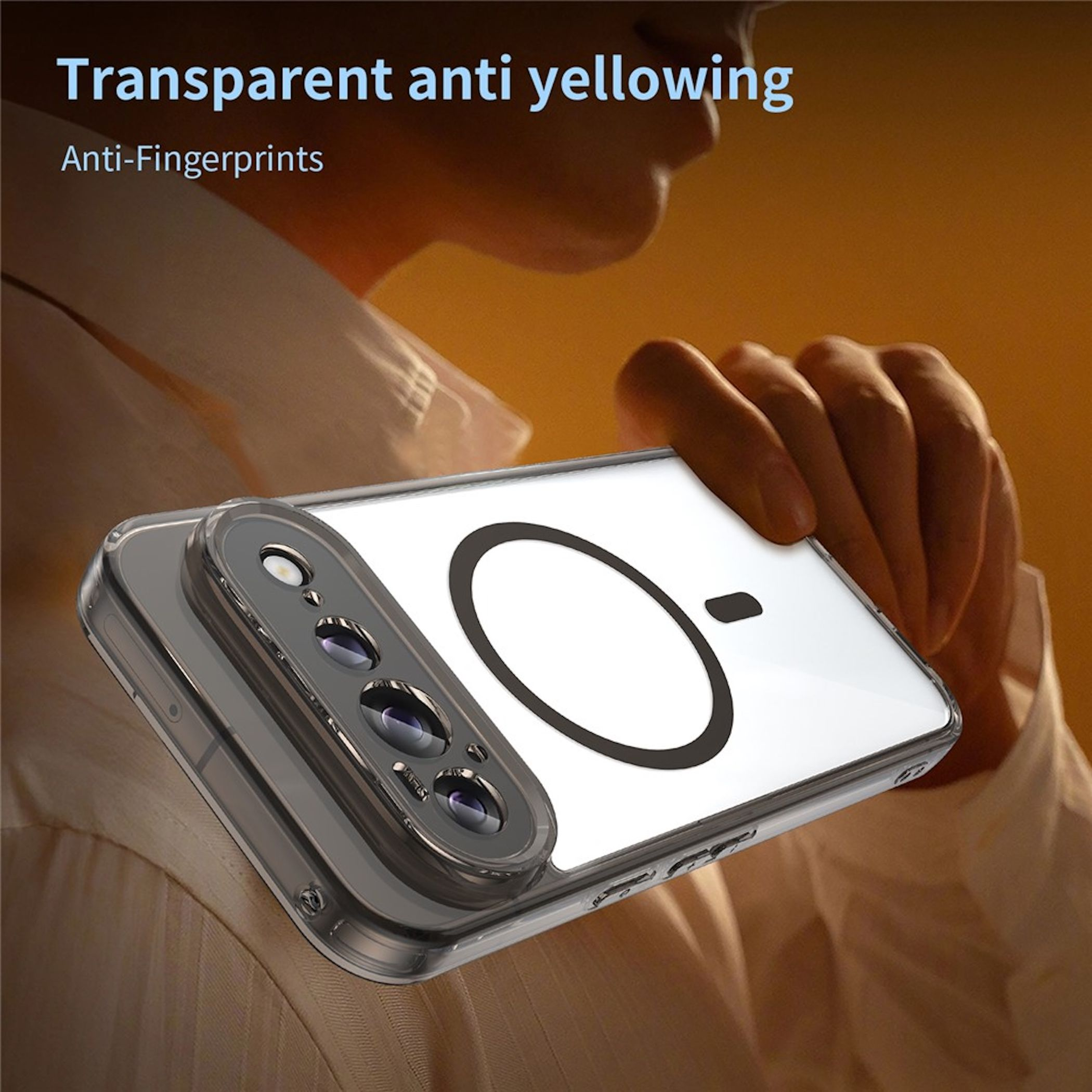 Person hält ein klares Smartphone mit MagSafe-Hülle und Kamera-Modul.
