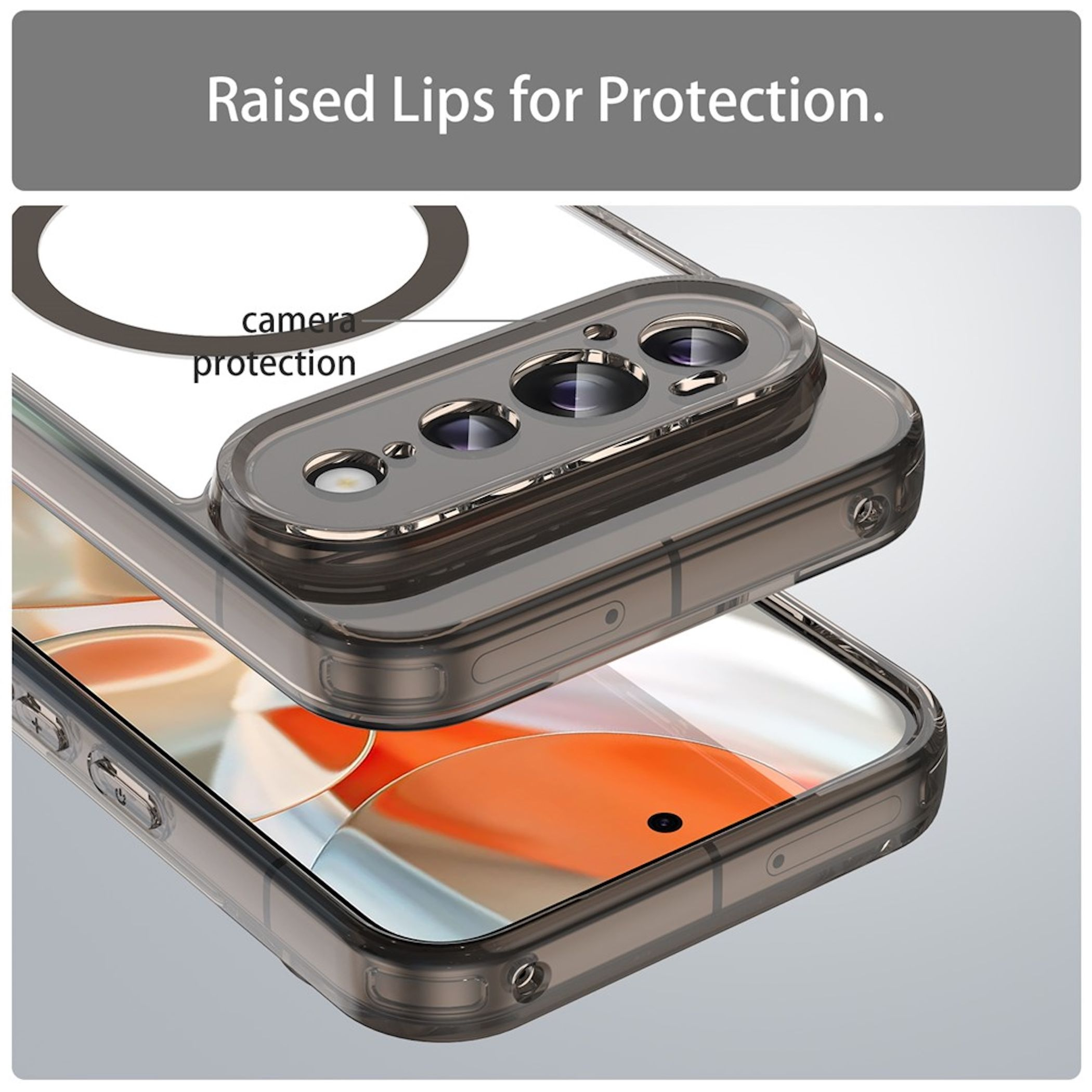 Ein Smartphone in einer Klarsichthülle betont erhöhte Ränder zum Schutz der Kameralinse.