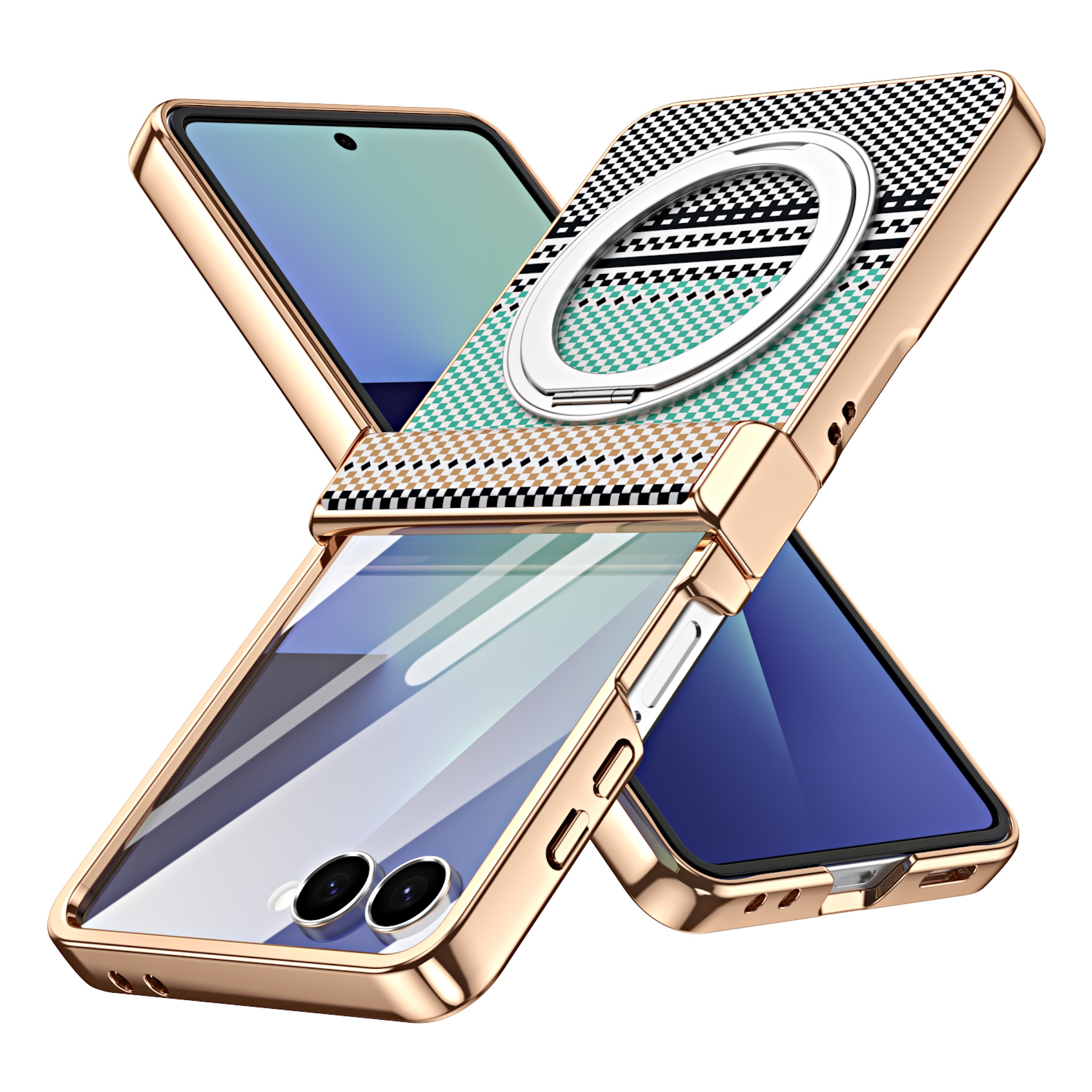 Goldfarbene Klapphüllen für Smartphones mit Muster und Ringhalter.