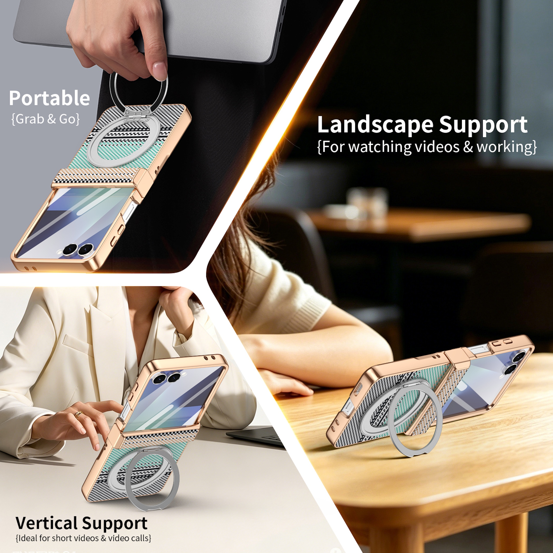 Collage zeigt Smartphone-Hülle in Gold mit integriertem Ring für tragbare, vertikale und horizontale Nutzung.