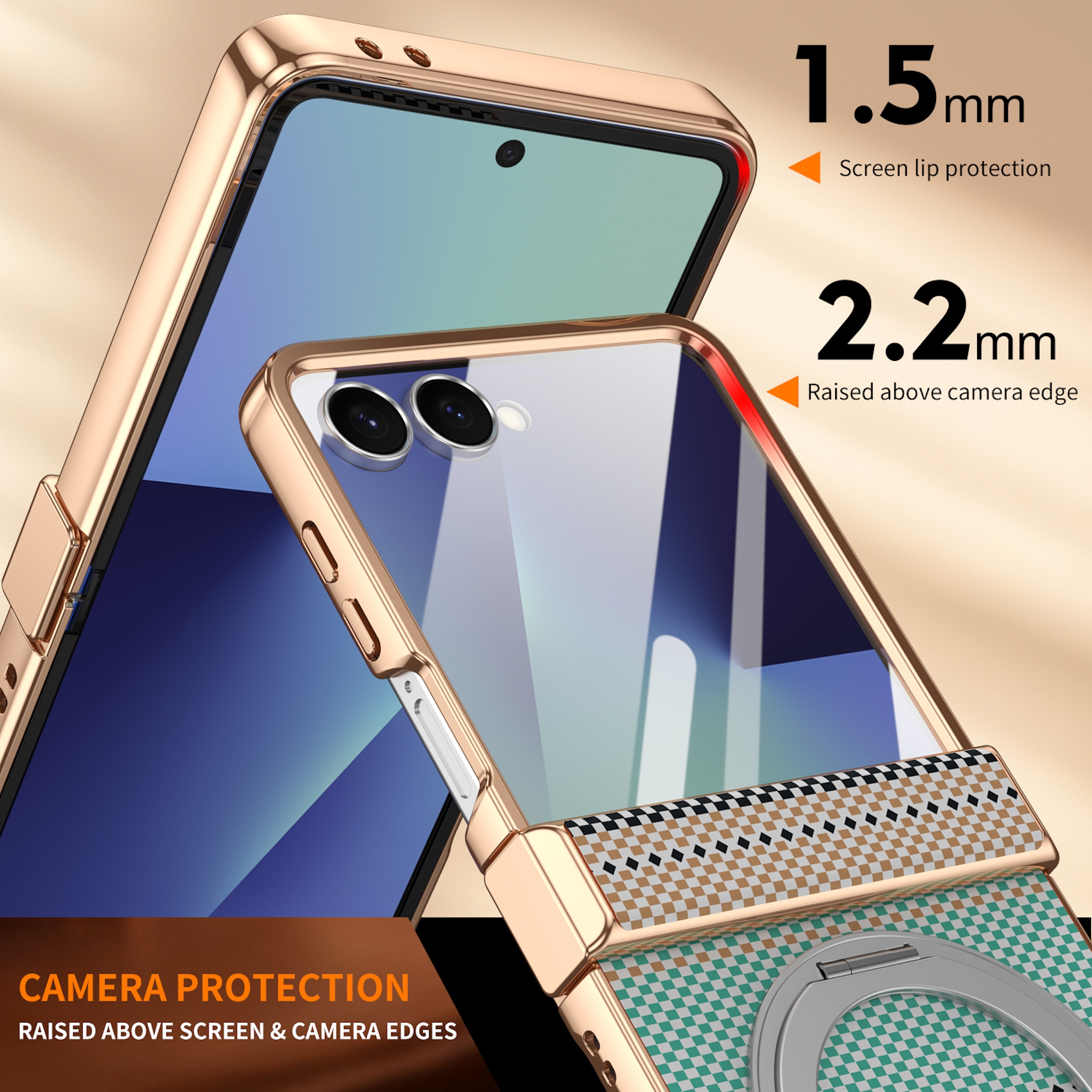 Goldene Handyhülle mit 1,5 mm Bildschirmschutz und 2,2 mm Kameraumrandung.