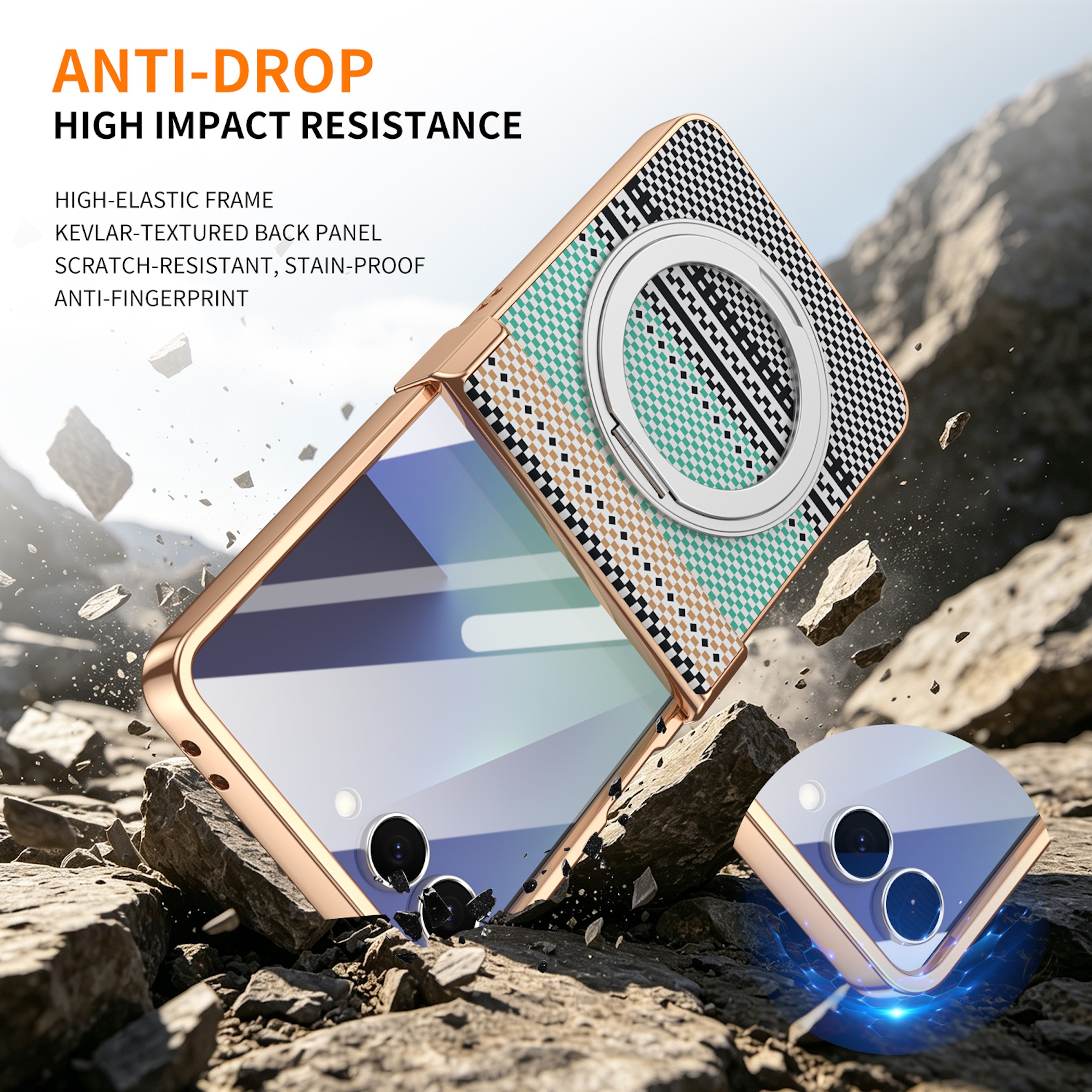 Stilvolle Handyhülle auf felsigem Untergrund mit Anti-Drop-Funktion.