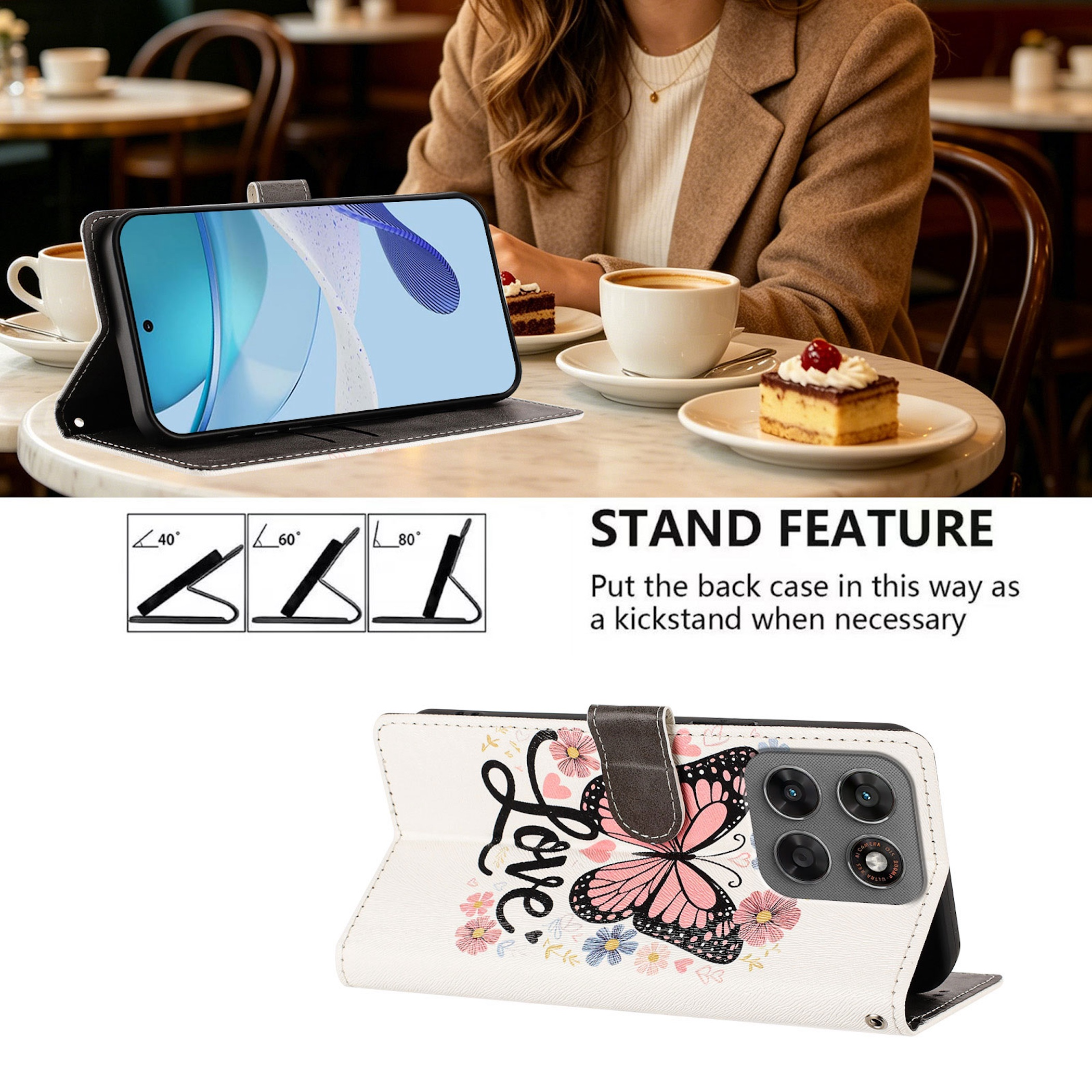 Ein weißes Handy-Flipcase mit rosa Schmetterlings- und Blumenmotiv zeigt die integrierte Standfunktion.