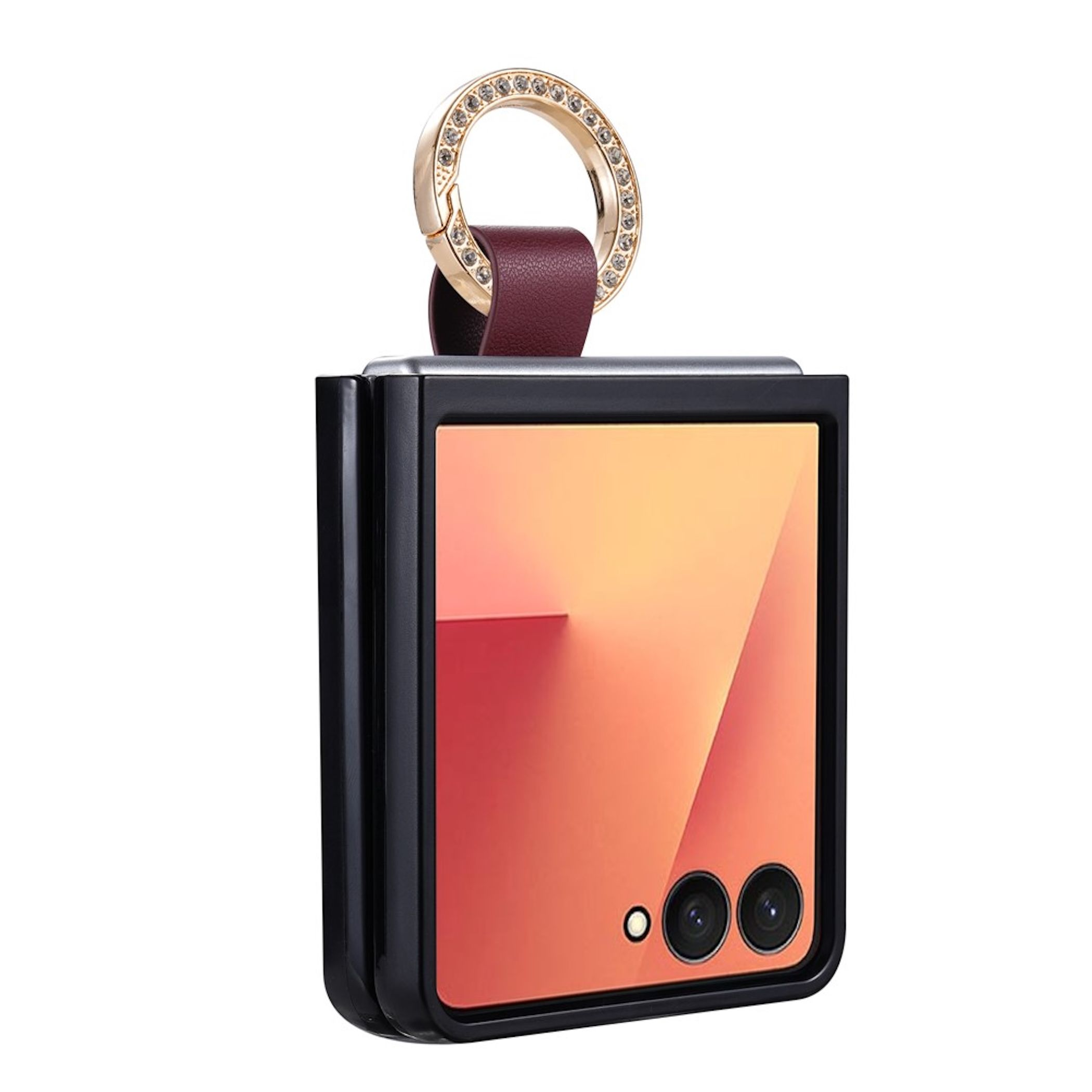 Schwarzes Klapphandy im Etui mit rotem Bildschirmschoner, roter Lederschlaufe und goldenem Glitzerring oben.