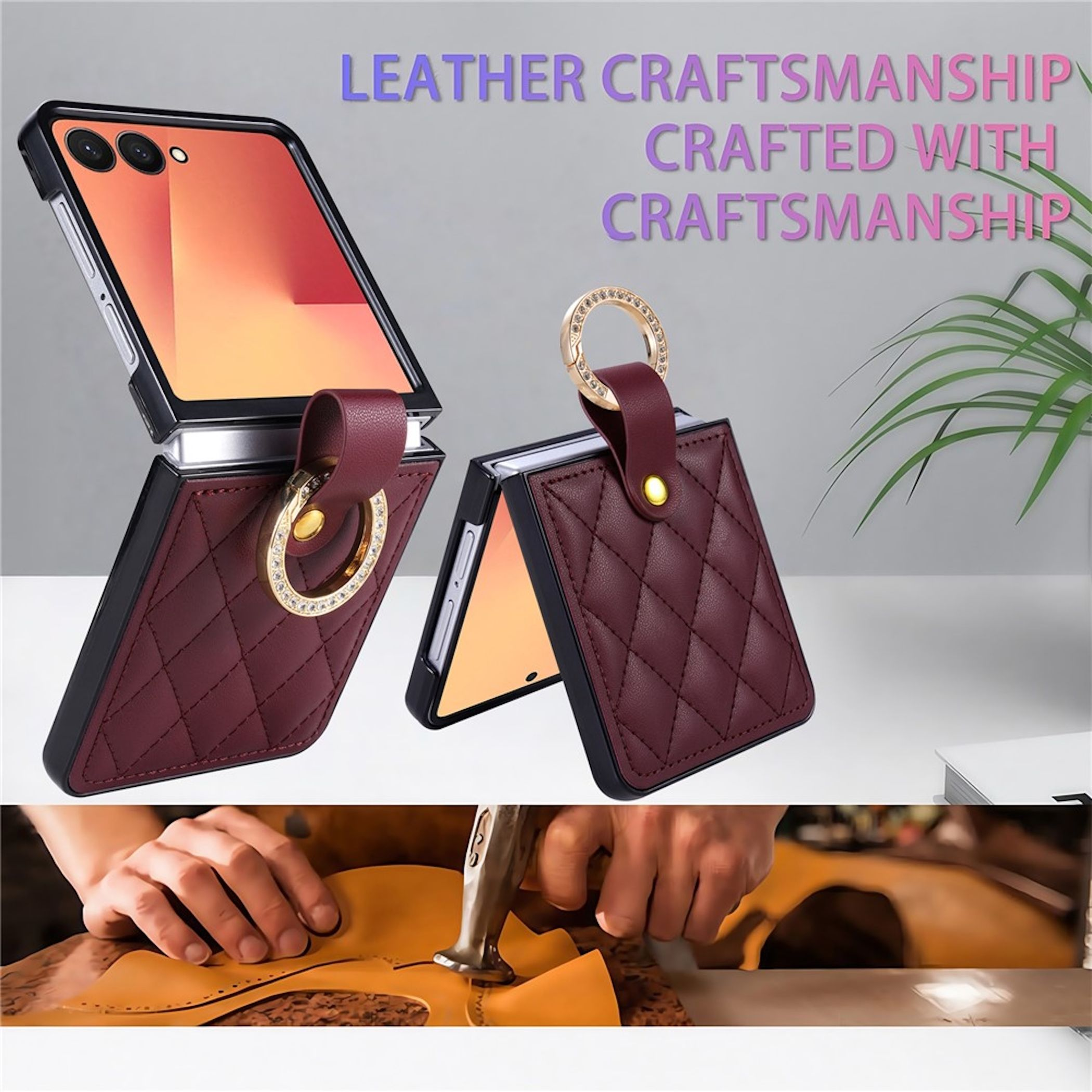 Burgunderrote Leder-Klapphüllen für Handys mit Ringen, Text oben und Bild von Handwerkskunst unten.