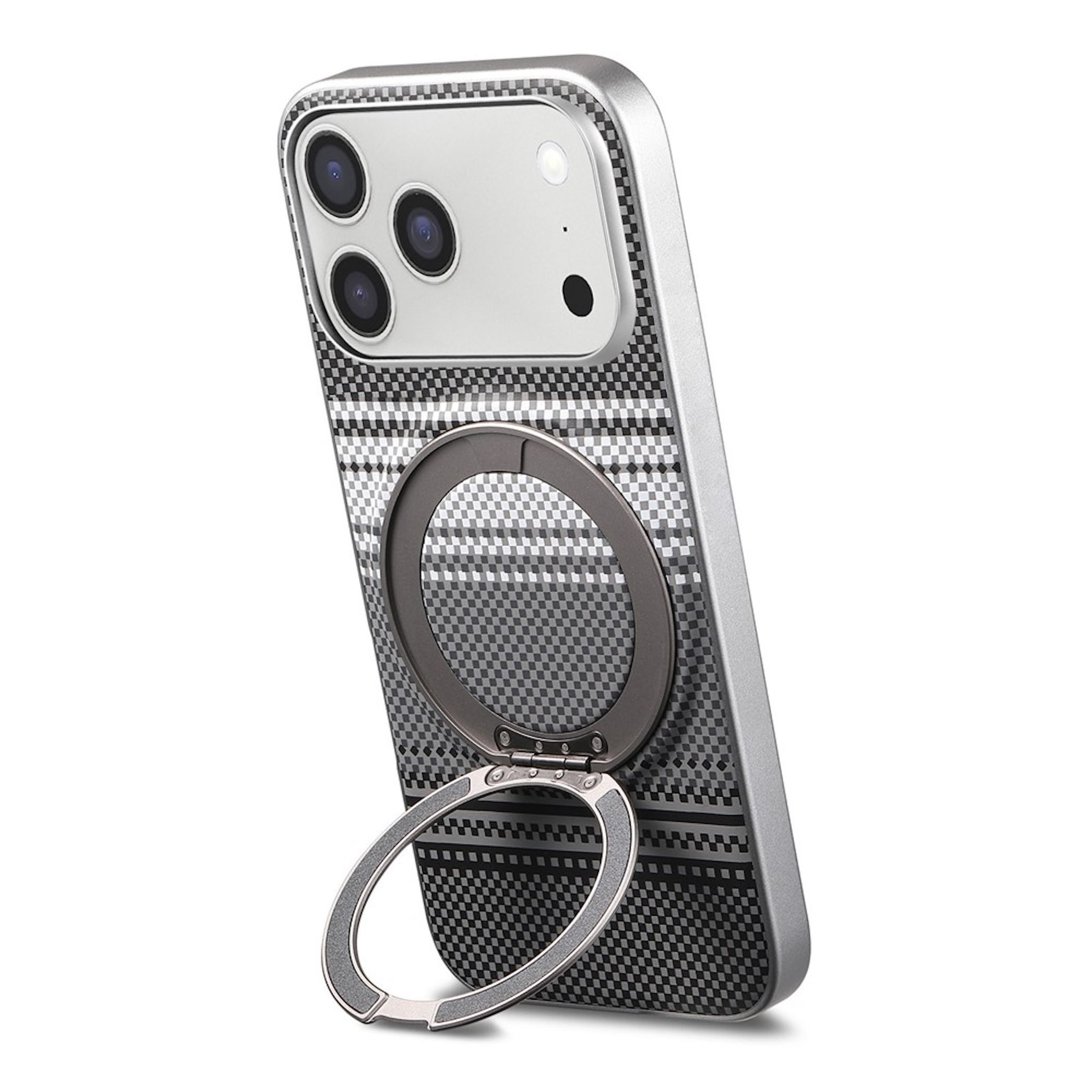 Un teléfono inteligente en una funda gris con un soporte de anillo de metal circular en la parte posterior.