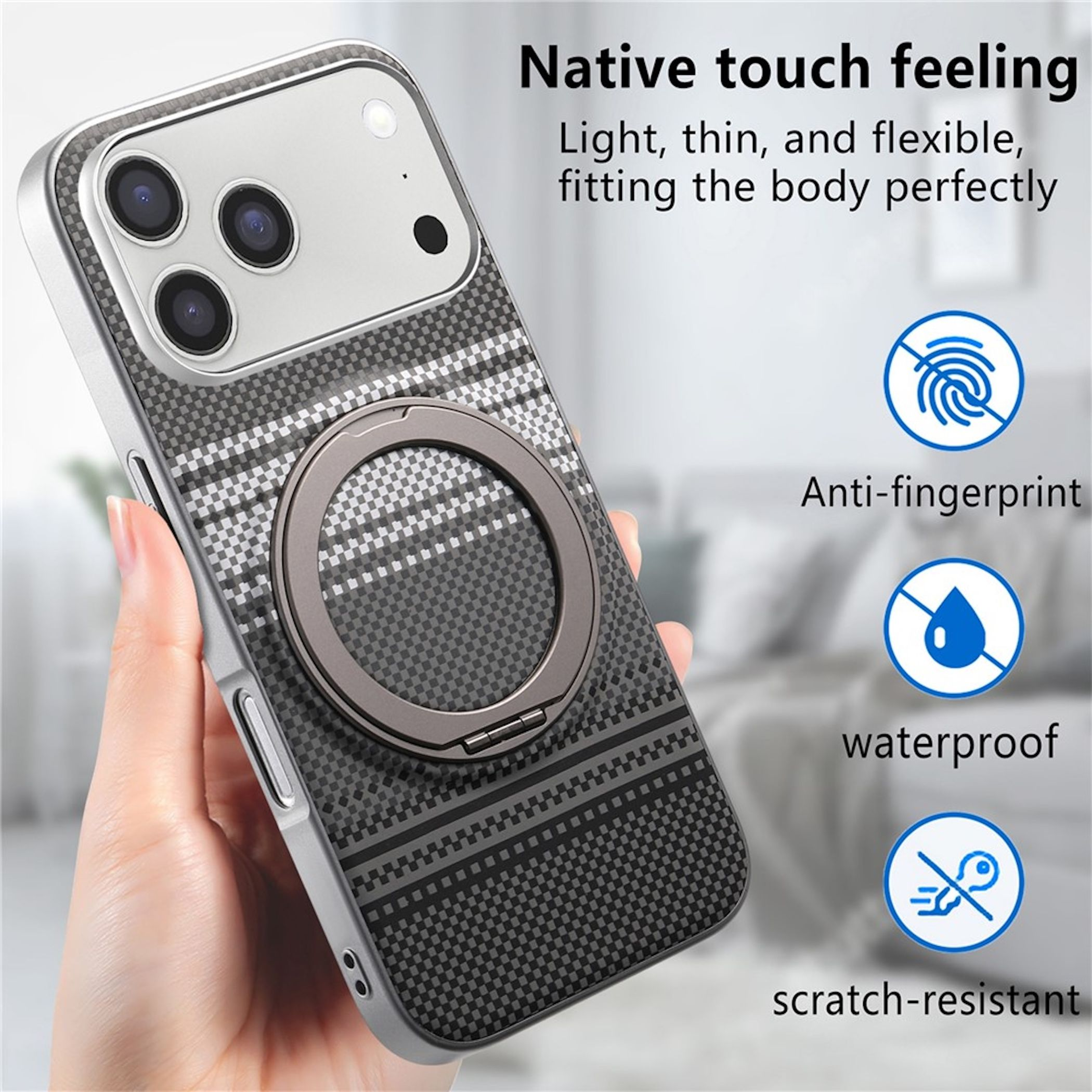 Teléfono en funda estampada con soporte de anillo e iconos de huellas, impermeable y resistente a arañazos.