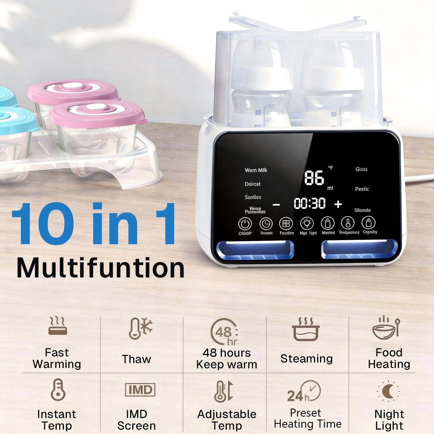 Ein weißer 10-in-1 Multifunktions-Flaschenwärmer mit Display, der zwei Flaschen wärmt, neben kleinen Gläschen.