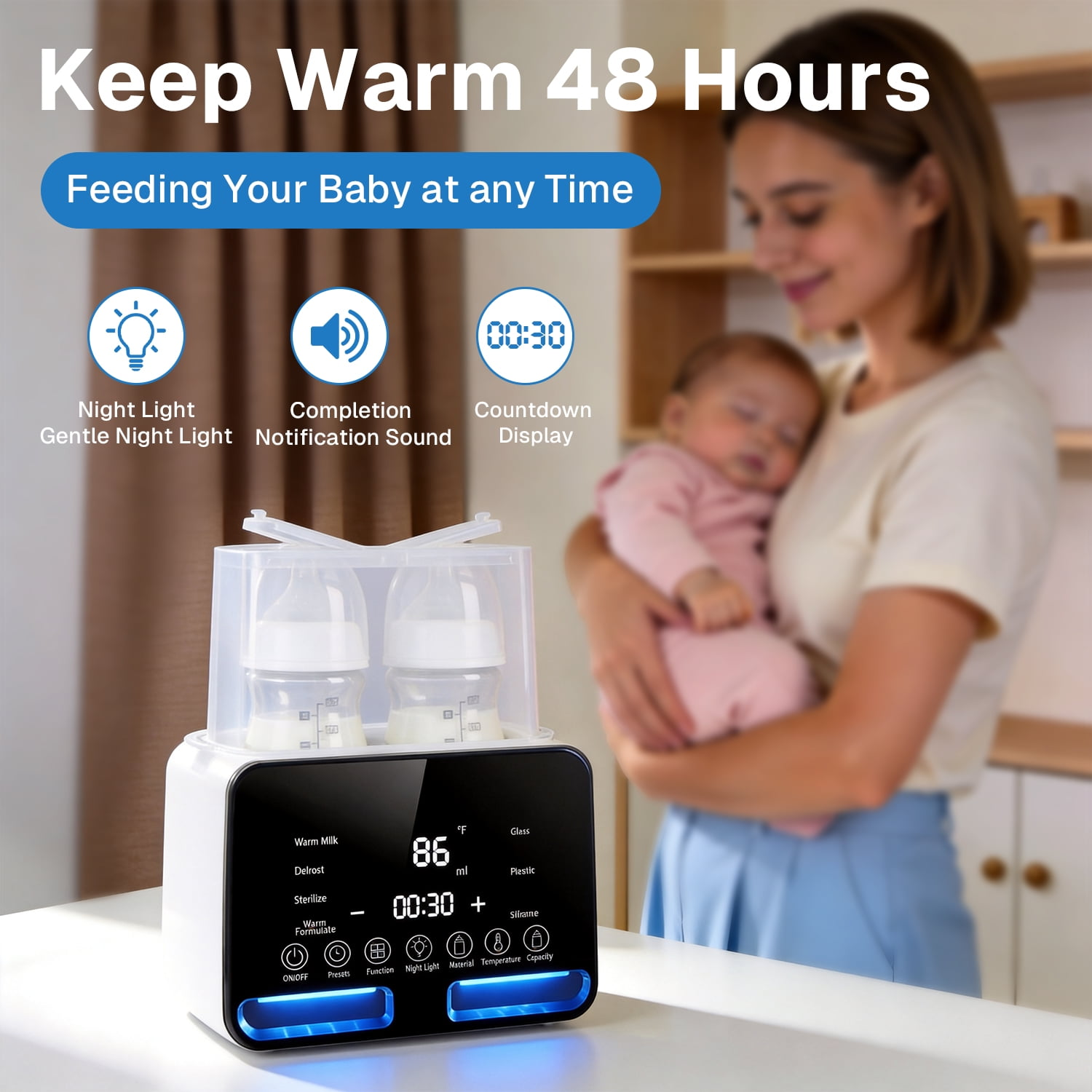 Eine Frau hält ein Baby neben einem elektrischen Babyflaschenwärmer mit Display und zwei Flaschen.