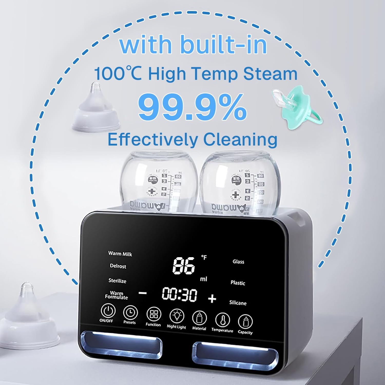 Sterilisator mit zwei Flaschen, digitalem Display und Text über Dampfreinigung.