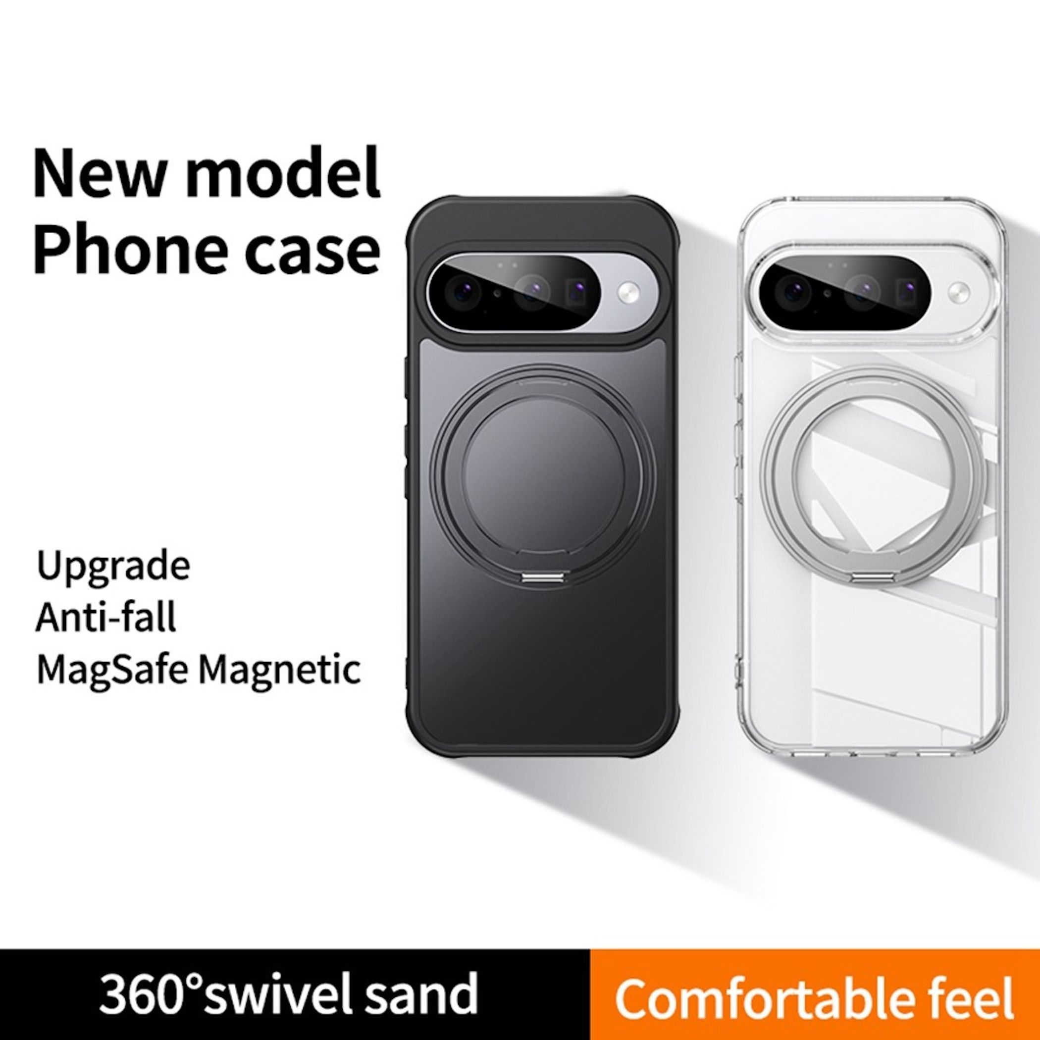 Zwei Smartphone-Hüllen, eine schwarz und eine transparent, mit integrierten MagSafe-Ringen und Kameraaussparungen.