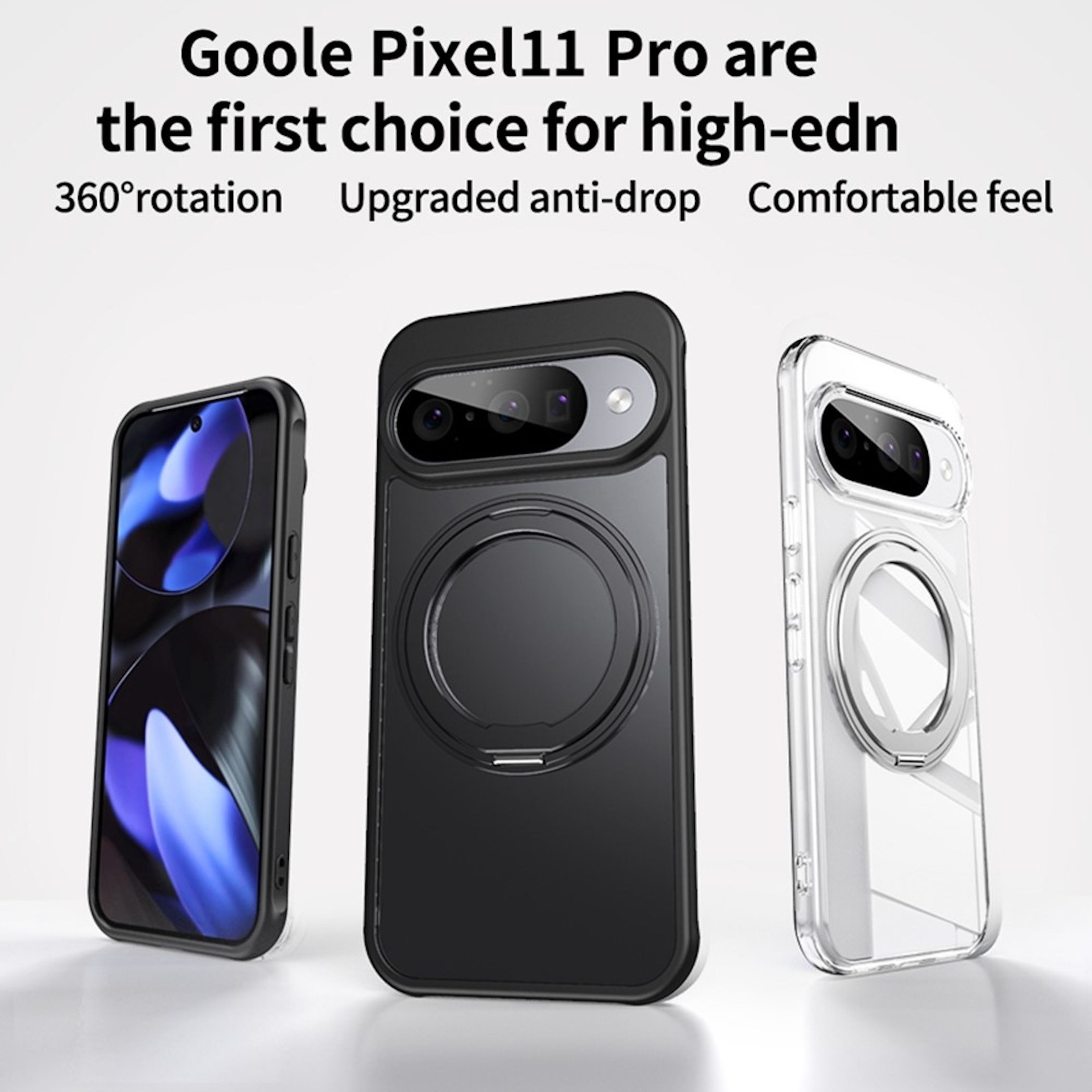 Handyhüllen mit Ringhalter für Google Pixel in Schwarz und Transparent mit Text oben.