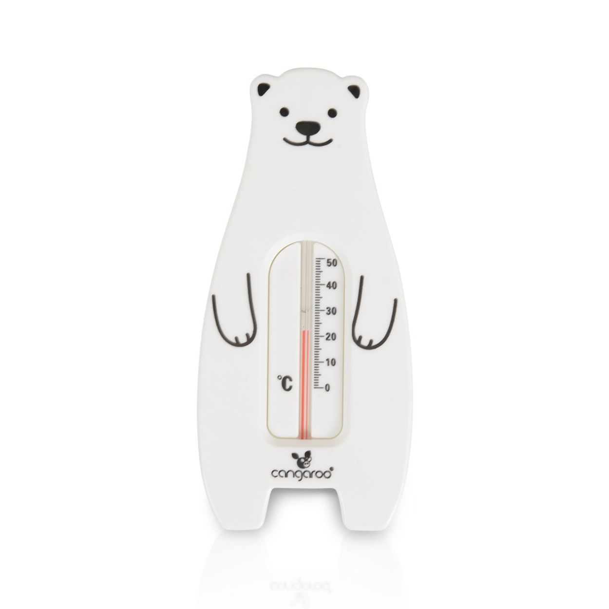 Ein weißes eisbärenförmiges Raumthermometer mit schwarzem Gesicht und Cangaroo-Logo auf weißem Hintergrund.