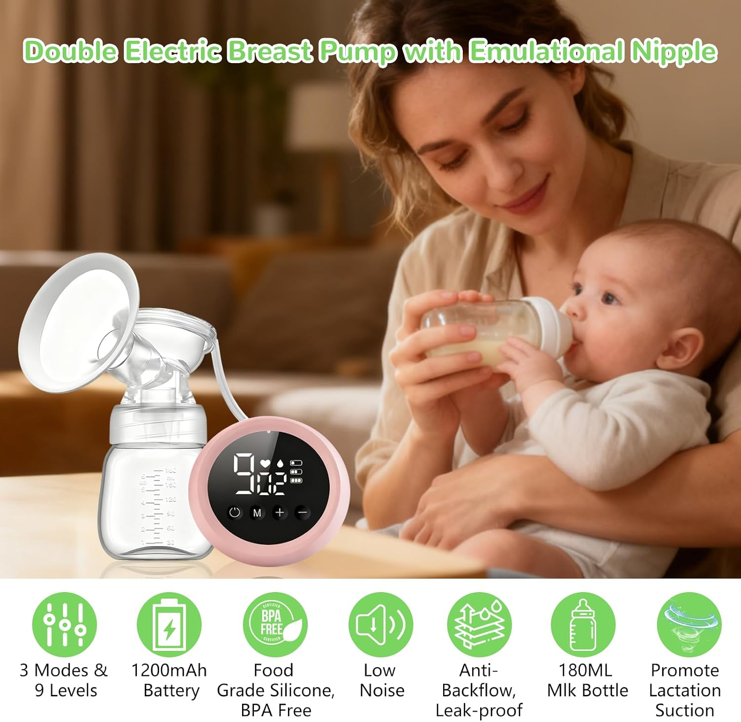 Eine Mutter füttert ihr Baby mit der Flasche, neben ihr steht eine elektrische Doppelmilchpumpe.