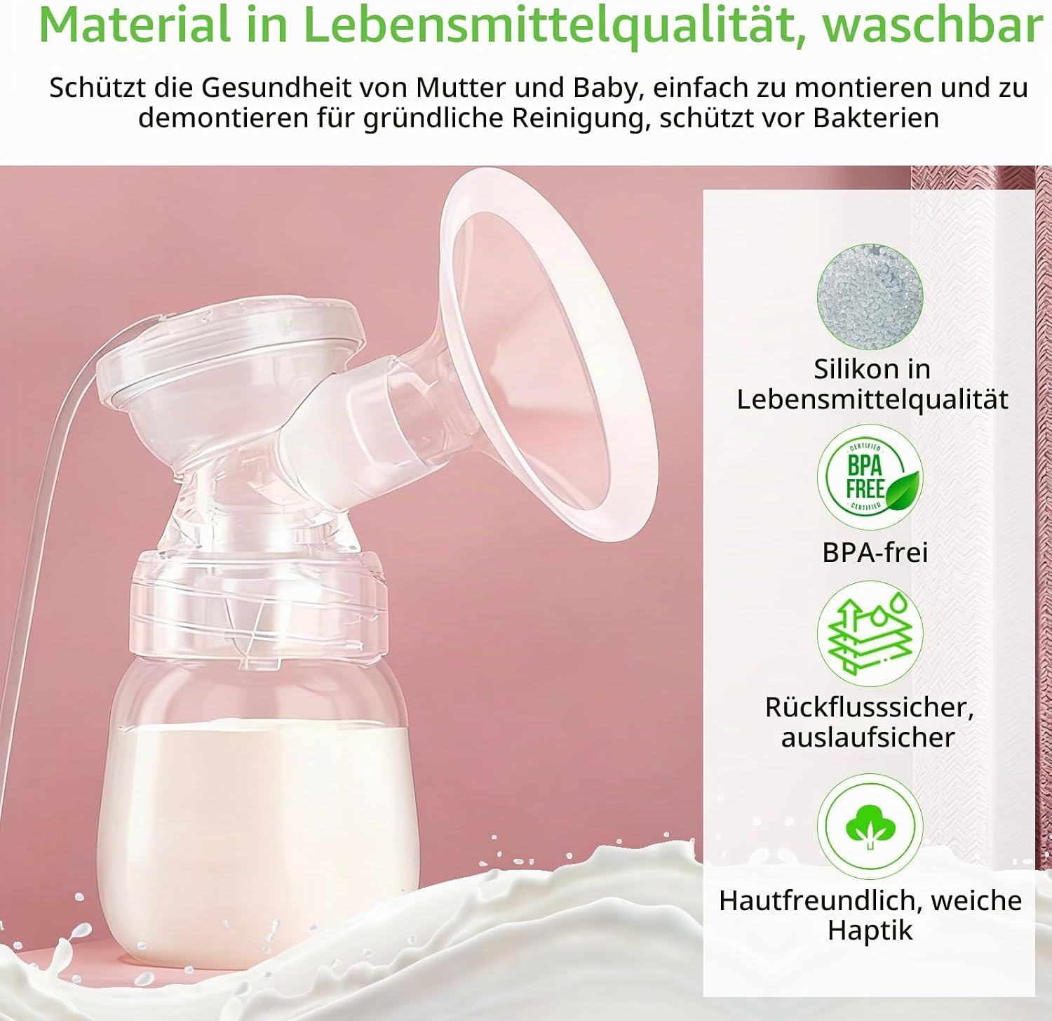 Eine elektrische Milchpumpe mit Milchflasche und Symbolen für BPA-frei und lebensmittelechtes Silikon.