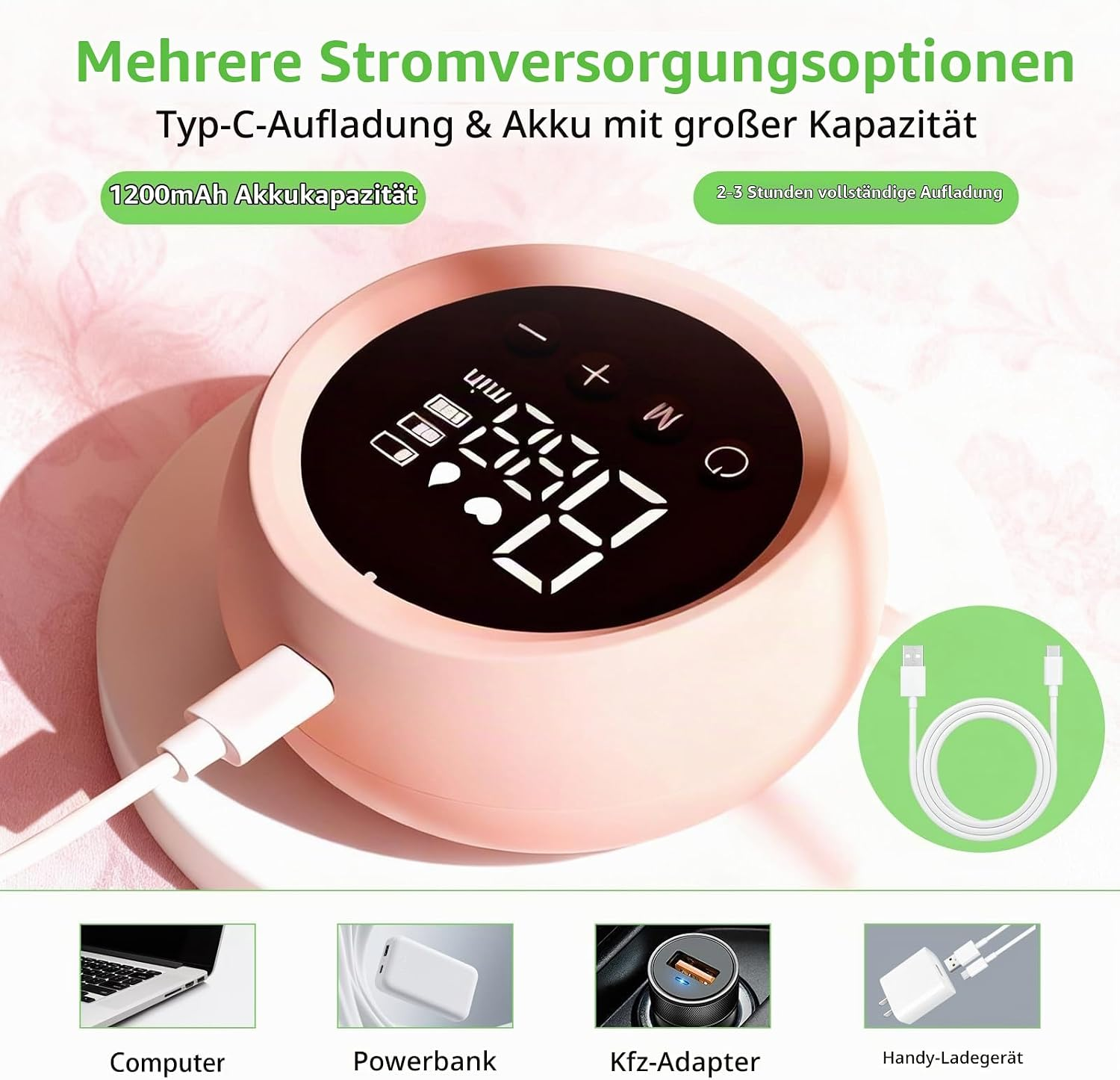Rosa, runder Milchpumpe mit Digitaldisplay, Ladekabel und Icons für verschiedene Stromquellen.