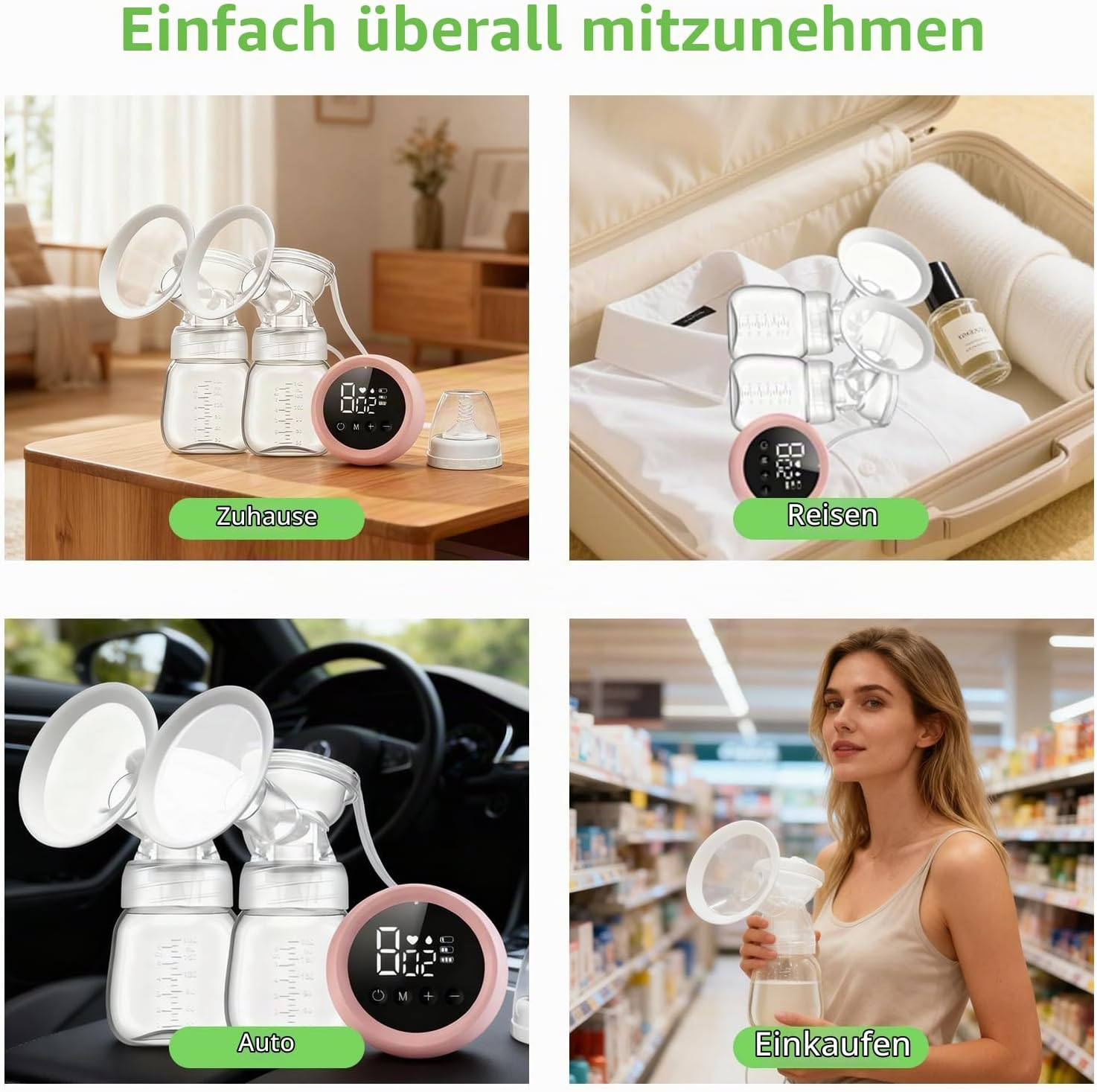 Eine tragbare Milchpumpe wird zuhause, auf Reisen, im Auto und beim Einkaufen gezeigt.
