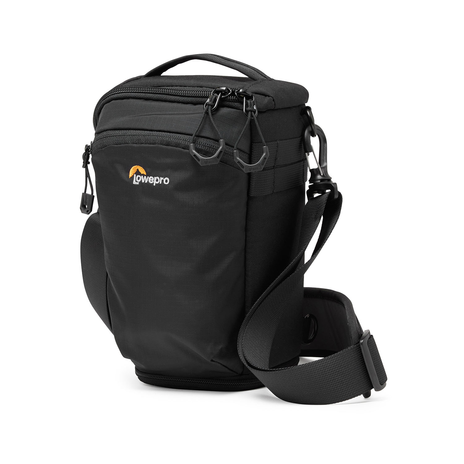 Eine schwarze Lowepro Kameratasche mit Tragegurt auf weißem Hintergrund.