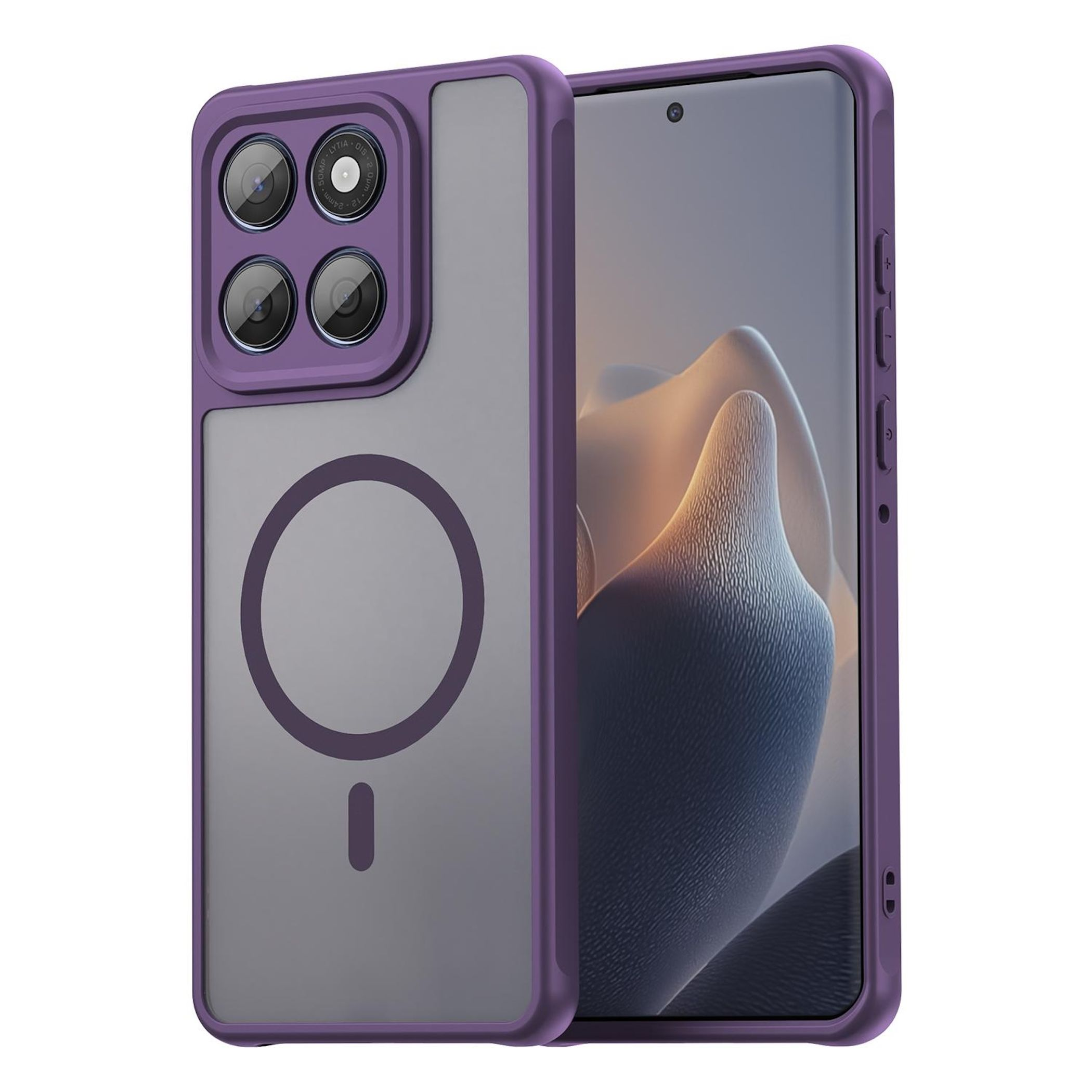 Lila Smartphone in Schutzhülle mit Ring und Vierfach-Kamera.