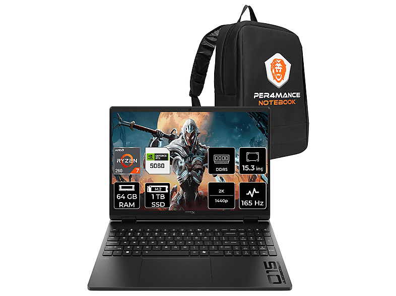 HP HyperX Omen 15 RTX5060 8GB FHD+ D2QV9EAPN333 AMD Ryzen 7 260 64 GB RAM 1 TB SSD 15,3 inç FreeDOS Laptop+Çanta Siyah