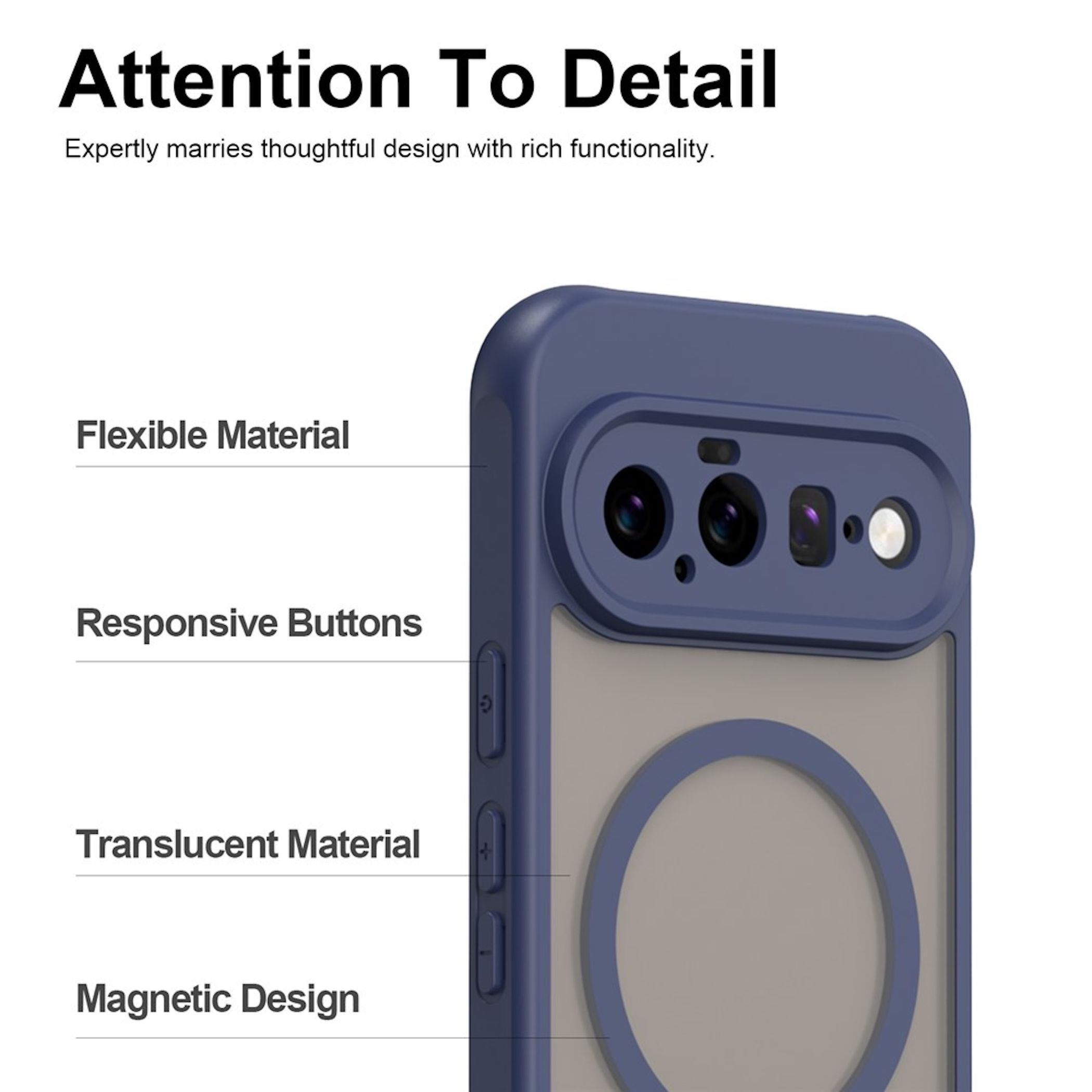 Blaue Smartphone-Hülle mit Kameraausschnitt und runder magnetischer Markierung, Textpunkte weisen auf Details hin.