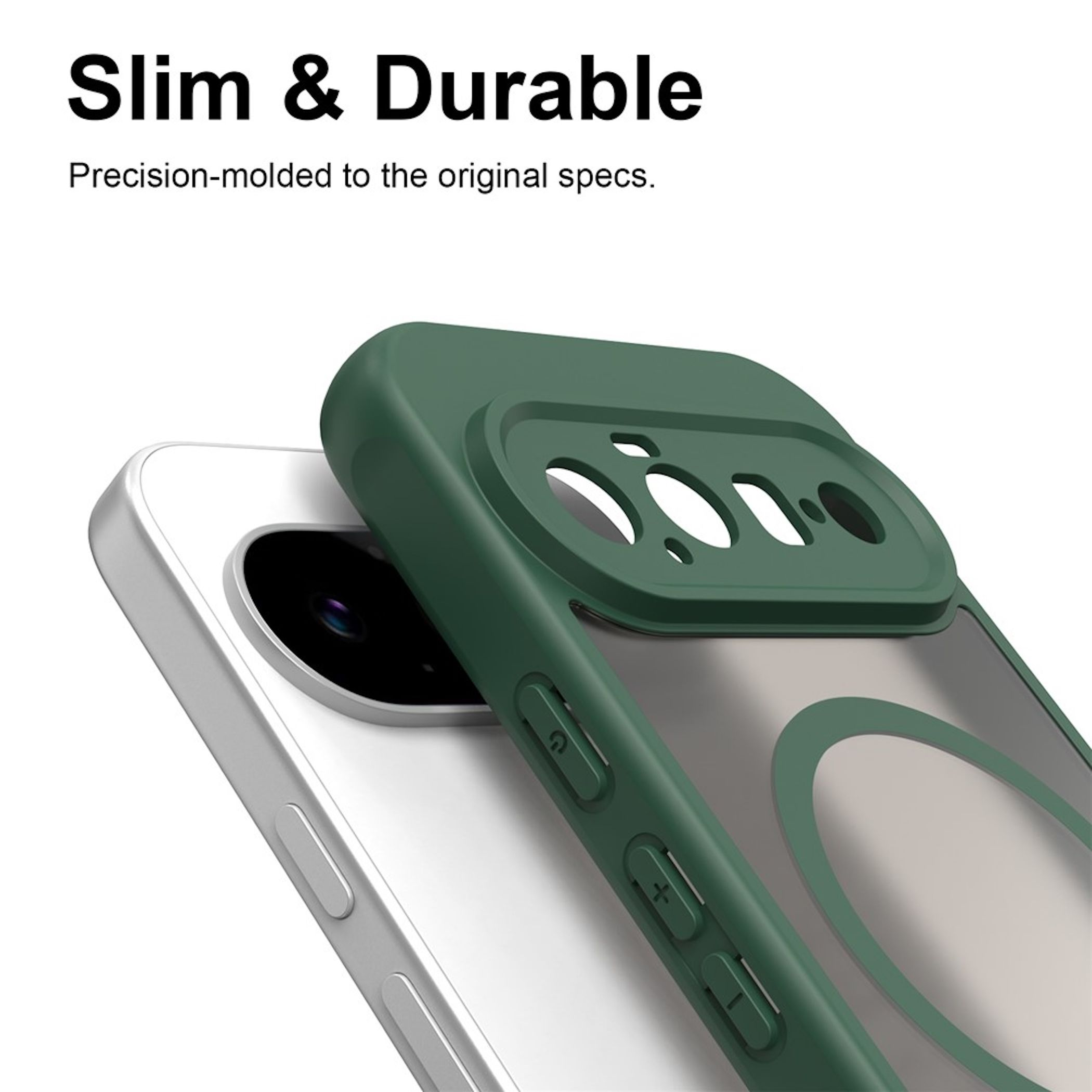 Eine grüne Handyschutzhülle mit magnetischem Ring auf weißem Smartphone. Text: Slim & Durable.