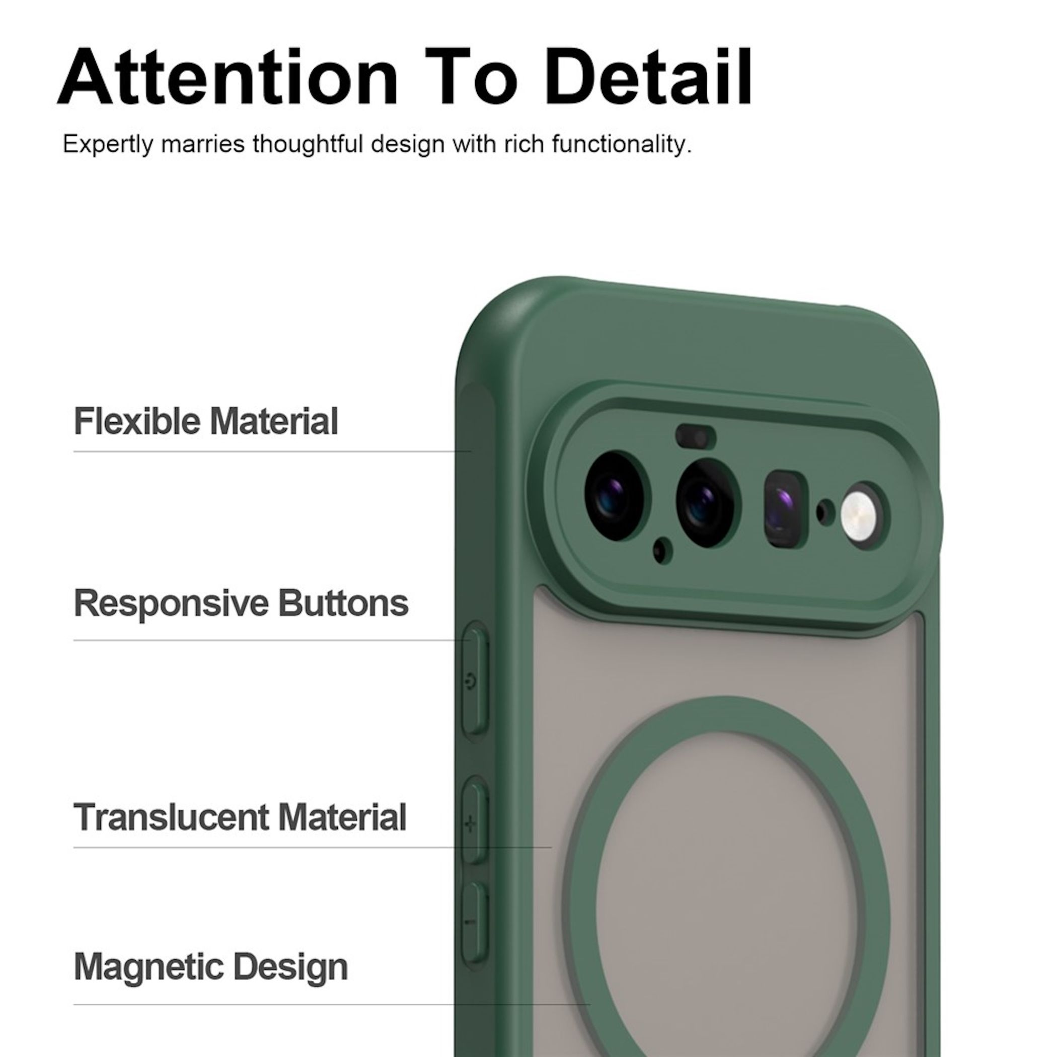 Grüne Smartphone-Hülle mit Kameraausschnitt und Texten zu den Funktionen.