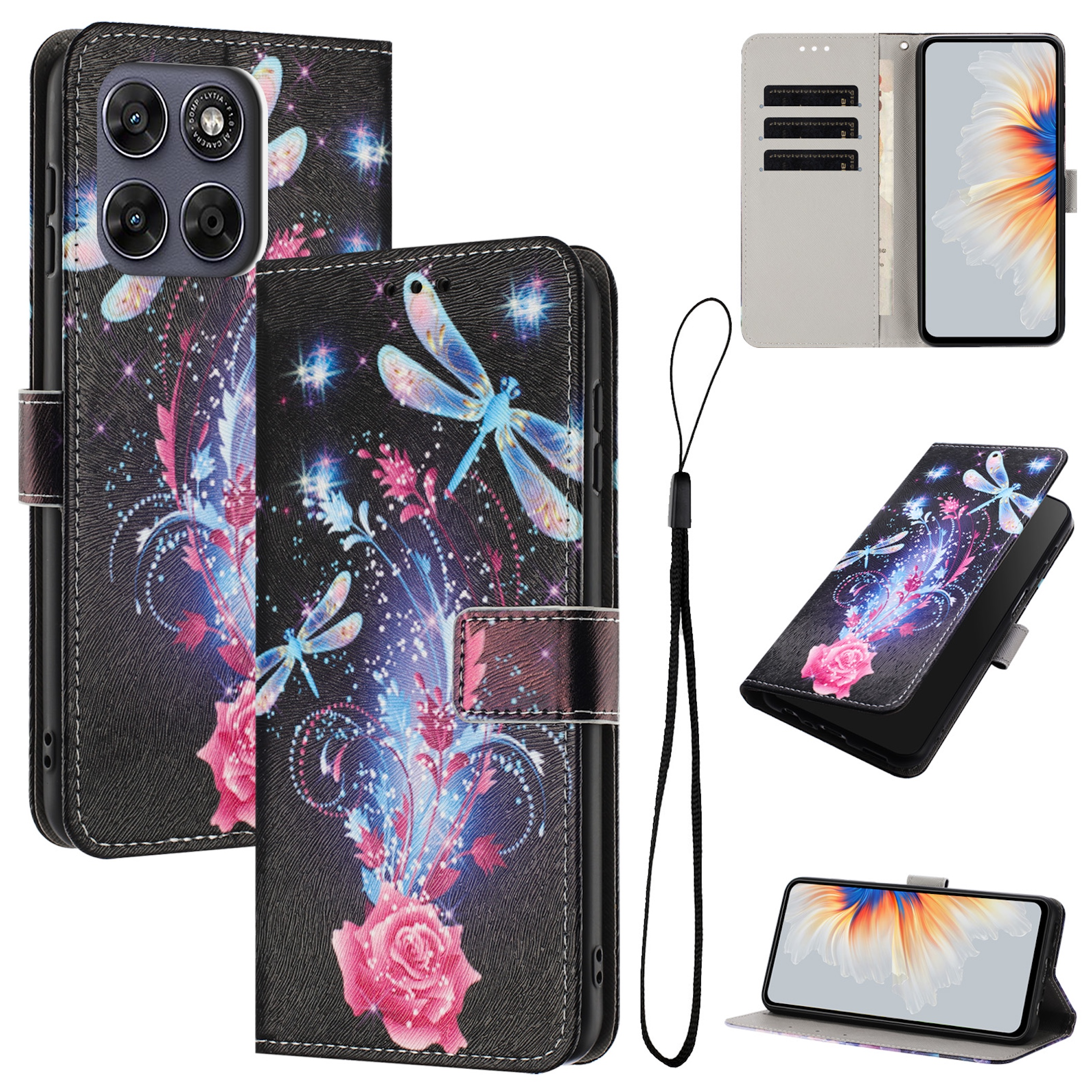 Schwarze Handy-Brieftasche mit Rosen-, Libellen- und Glitzermotiv, Kartenfächern und Umhängeband.
