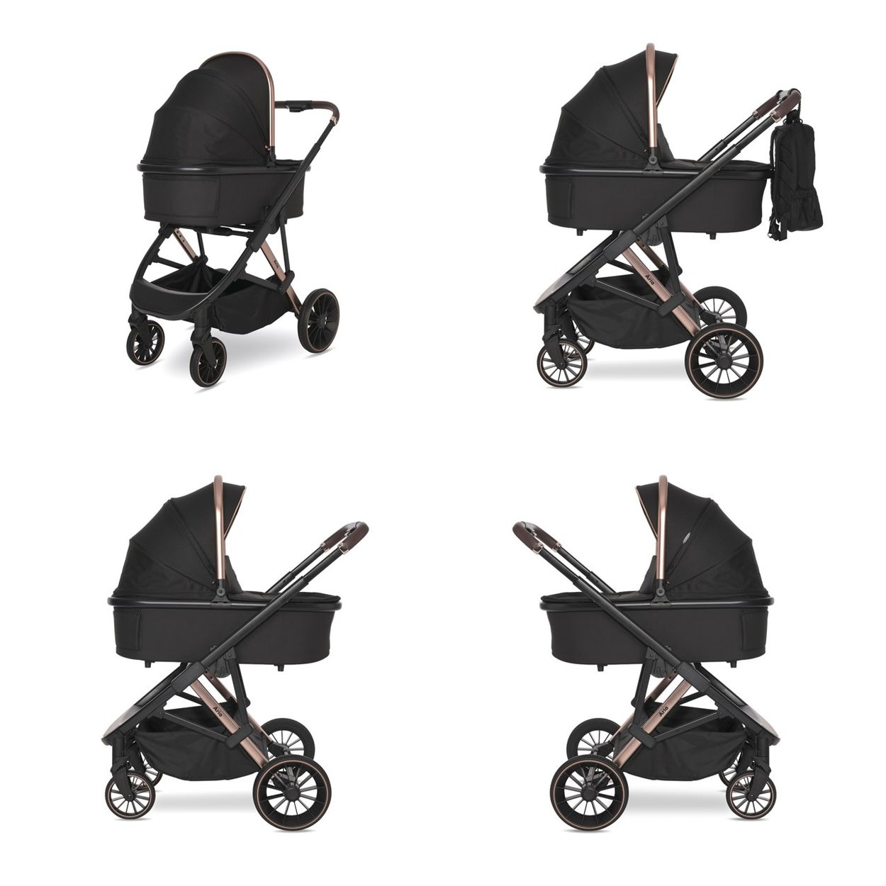 Vier Ansichten eines schwarzen Kinderwagens mit Roségold-Akzenten und einer passenden Tasche.