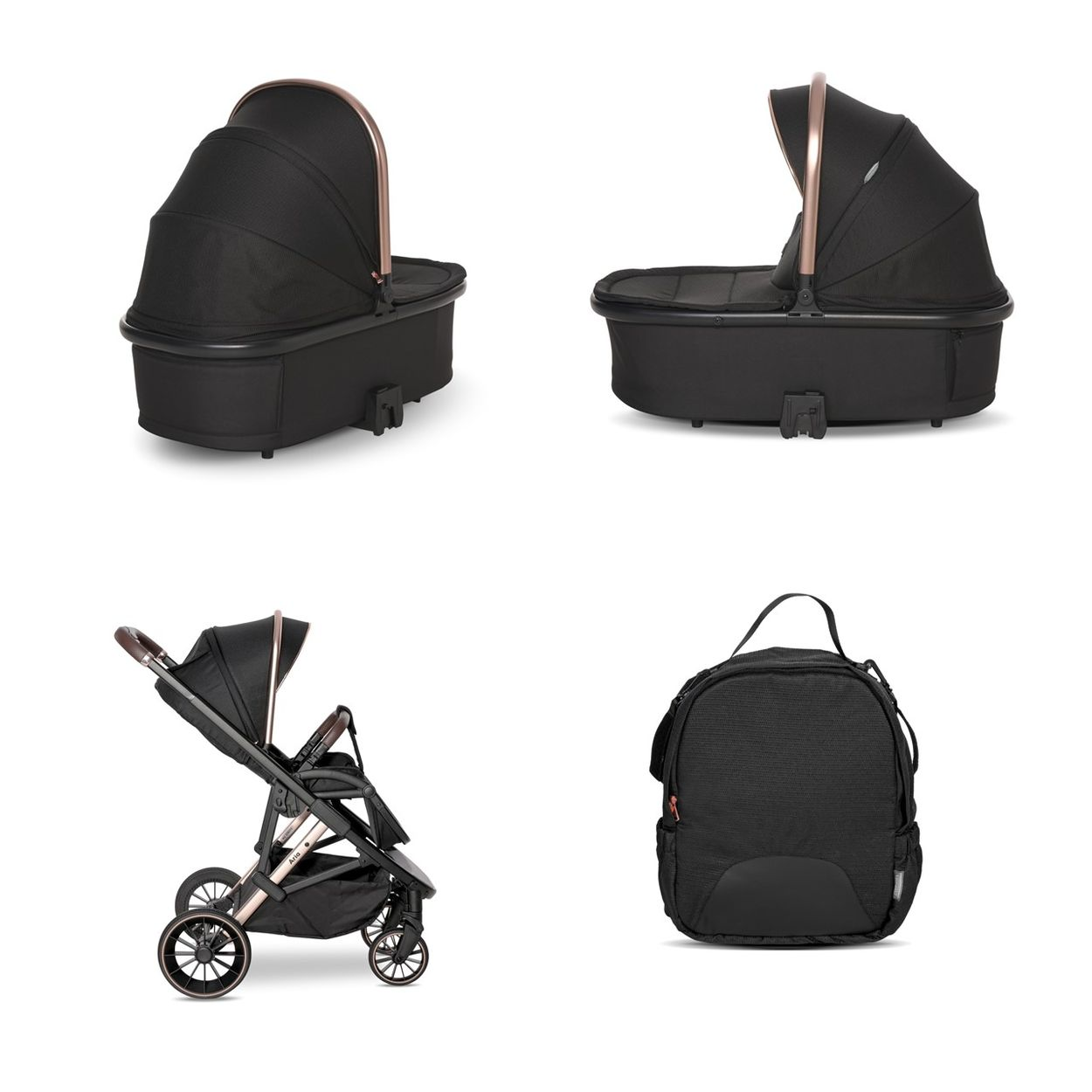 Schwarzer Kinderwagen mit Roségold-Details, Bassinette, Buggy-Aufsatz und passendem Rucksack auf weißem Grund.