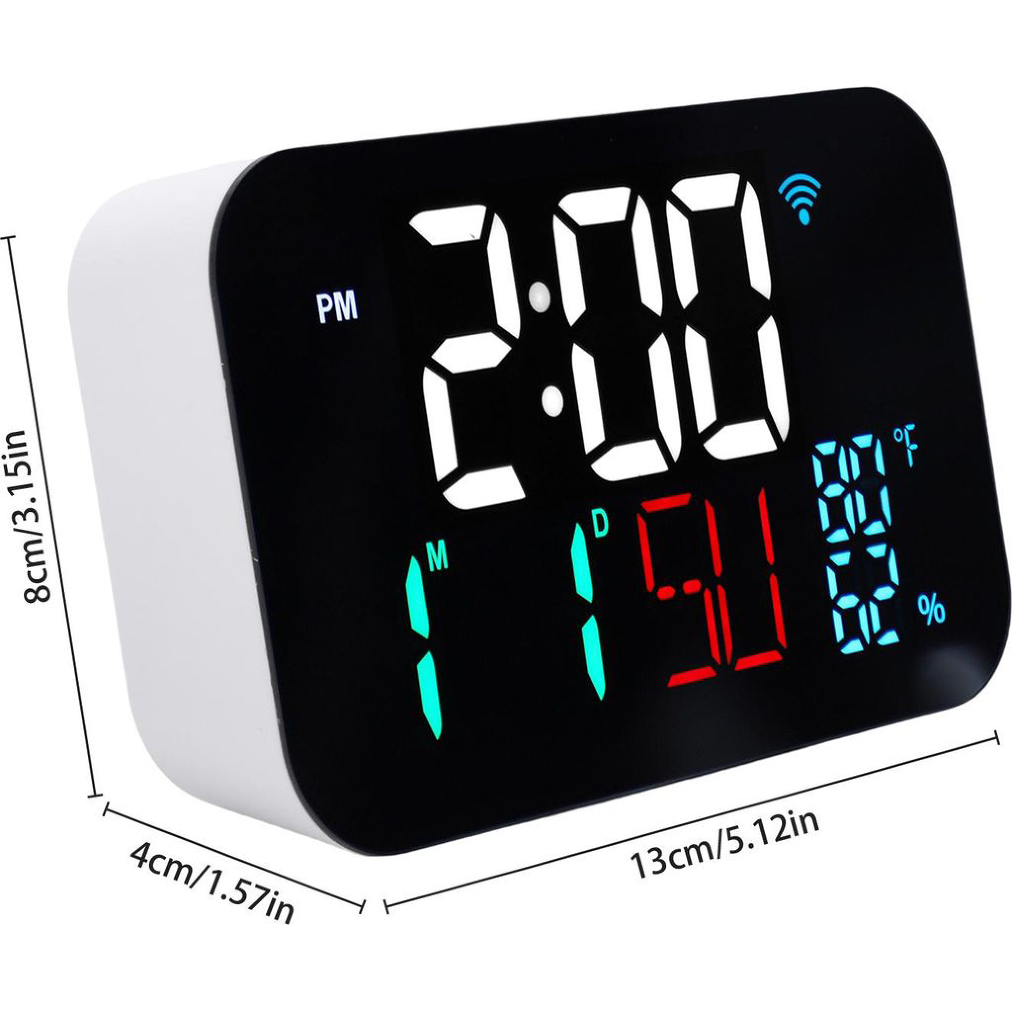 Digitale Tischuhr mit weißem Gehäuse, schwarzem Display und Maßen 13x8x4 cm.