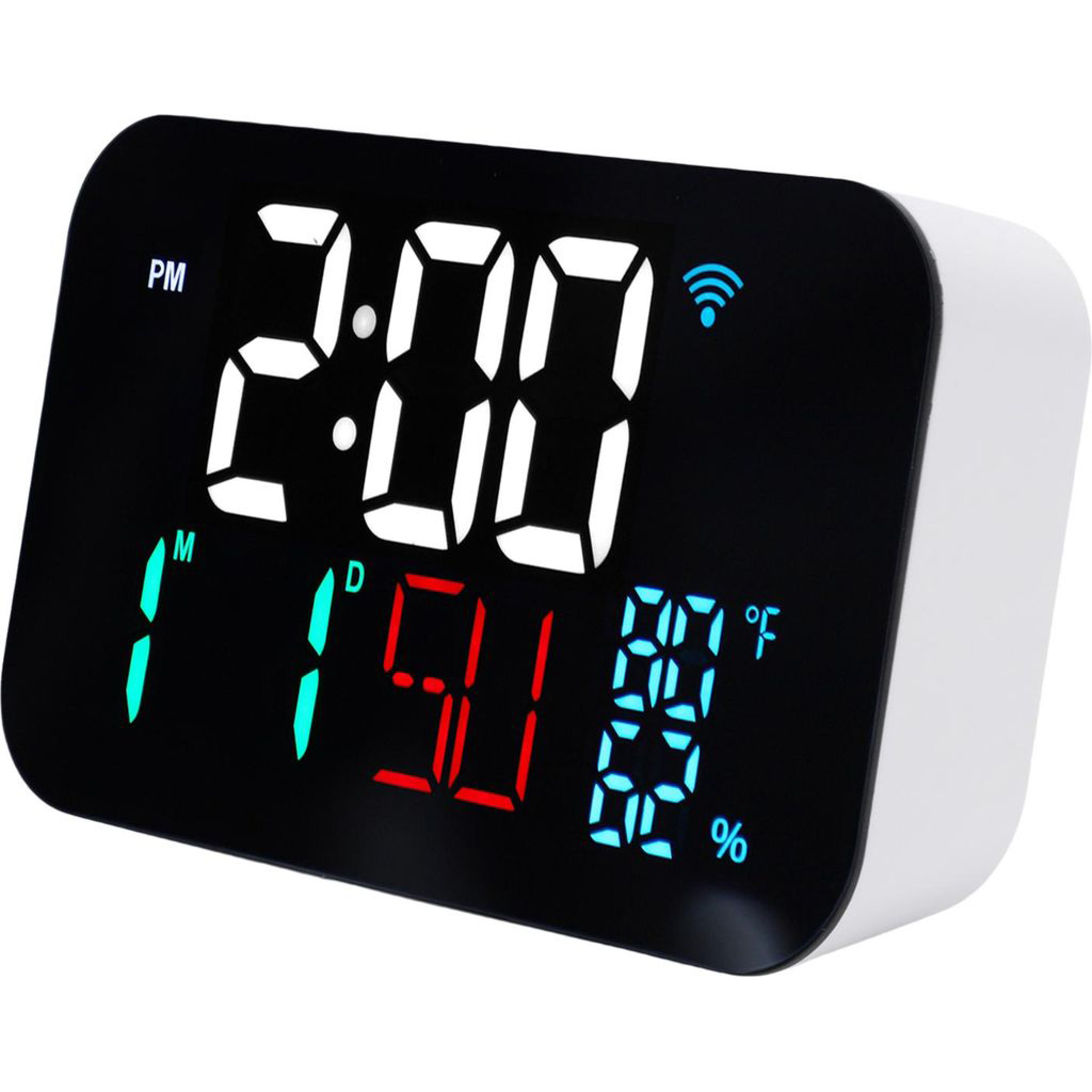 Digitaler Wecker mit schwarzem Bildschirm, weißen Ziffern und farbigen Anzeige-Elementen für Datum, Temperatur und WLAN.