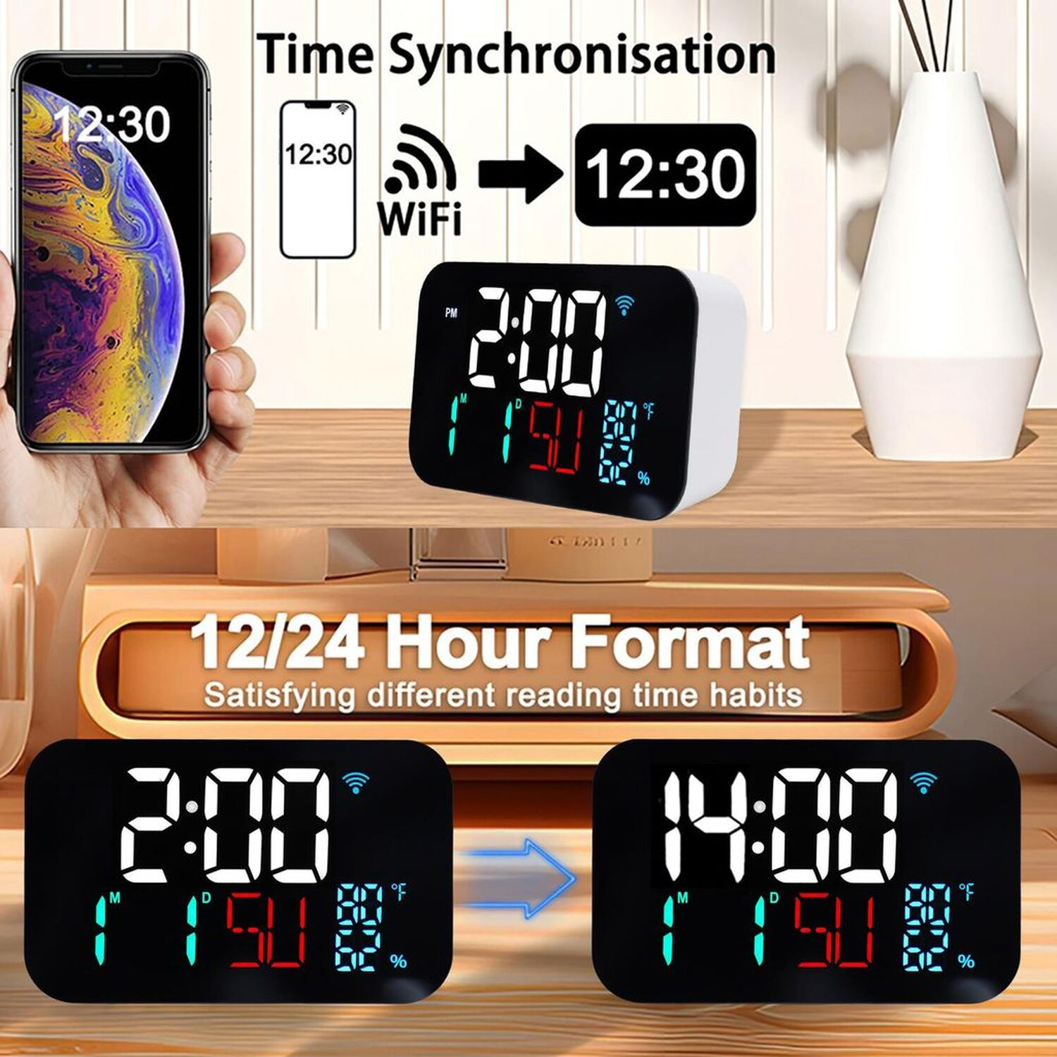 Digitale Wecker mit WLAN-Zeitsynchronisation und 12/24-Stunden-Format.