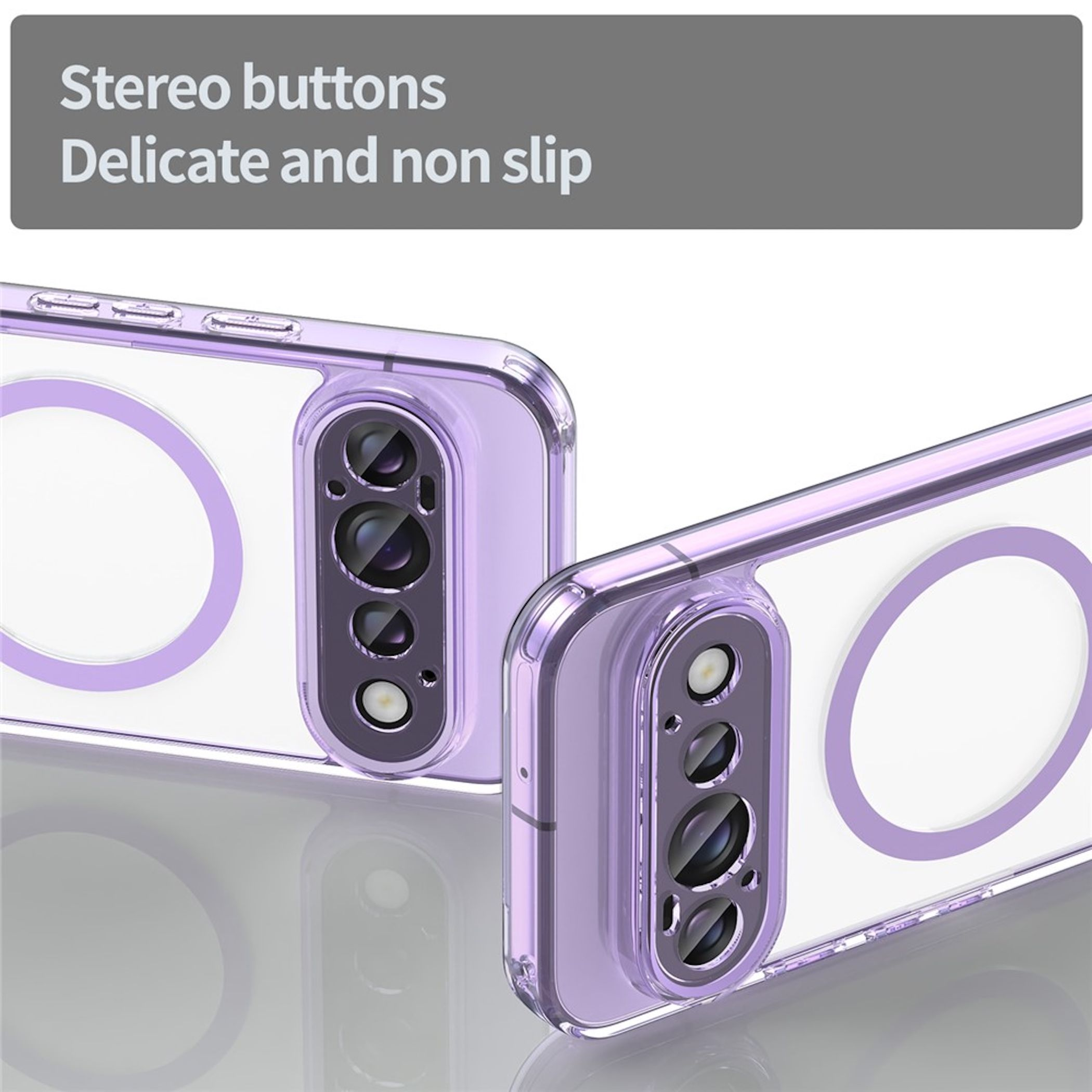 Zwei hellviolette Handyhüllen mit transparenter Rückseite und Magnetringen auf glänzender Oberfläche mit Stereotasten.
