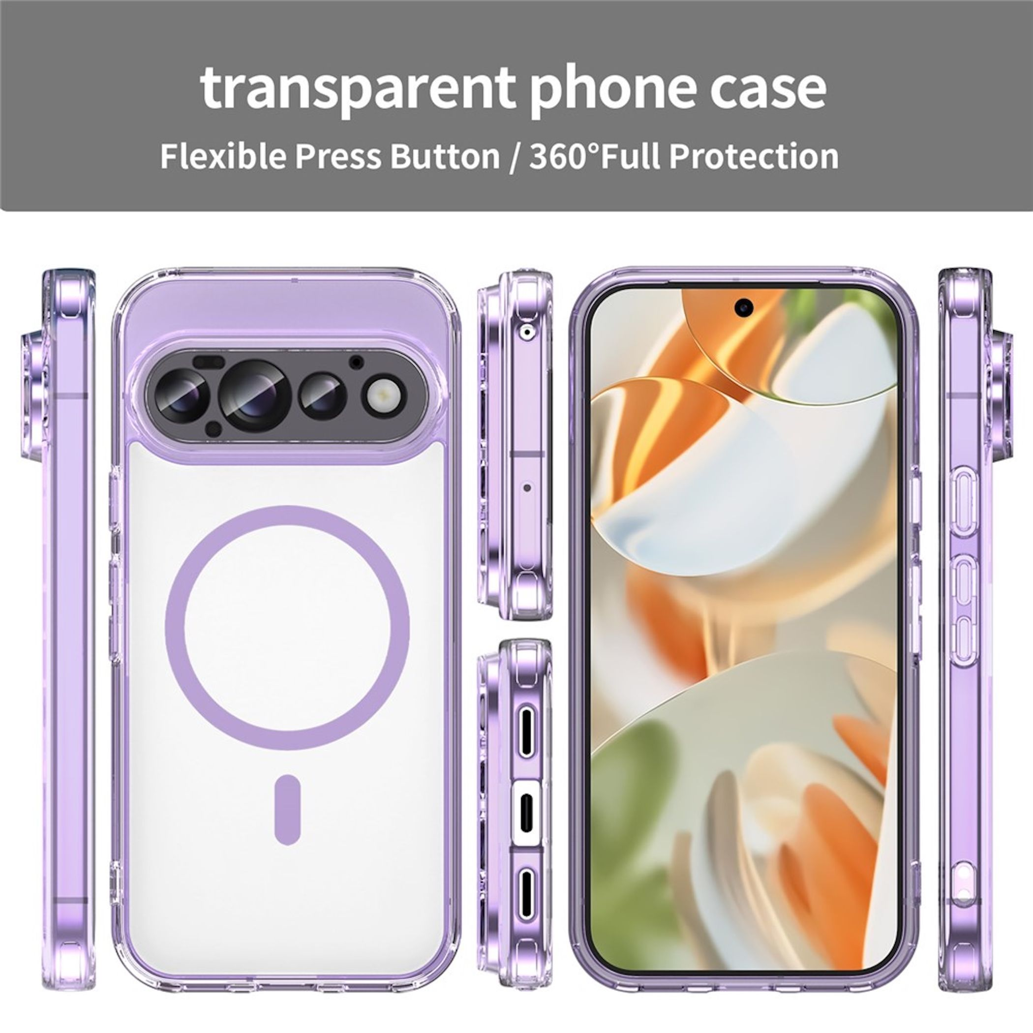 Transparente Handysülle mit lila Rändern, aus mehreren Winkeln mit MagSafe-Ring auf der Rückseite gezeigt.